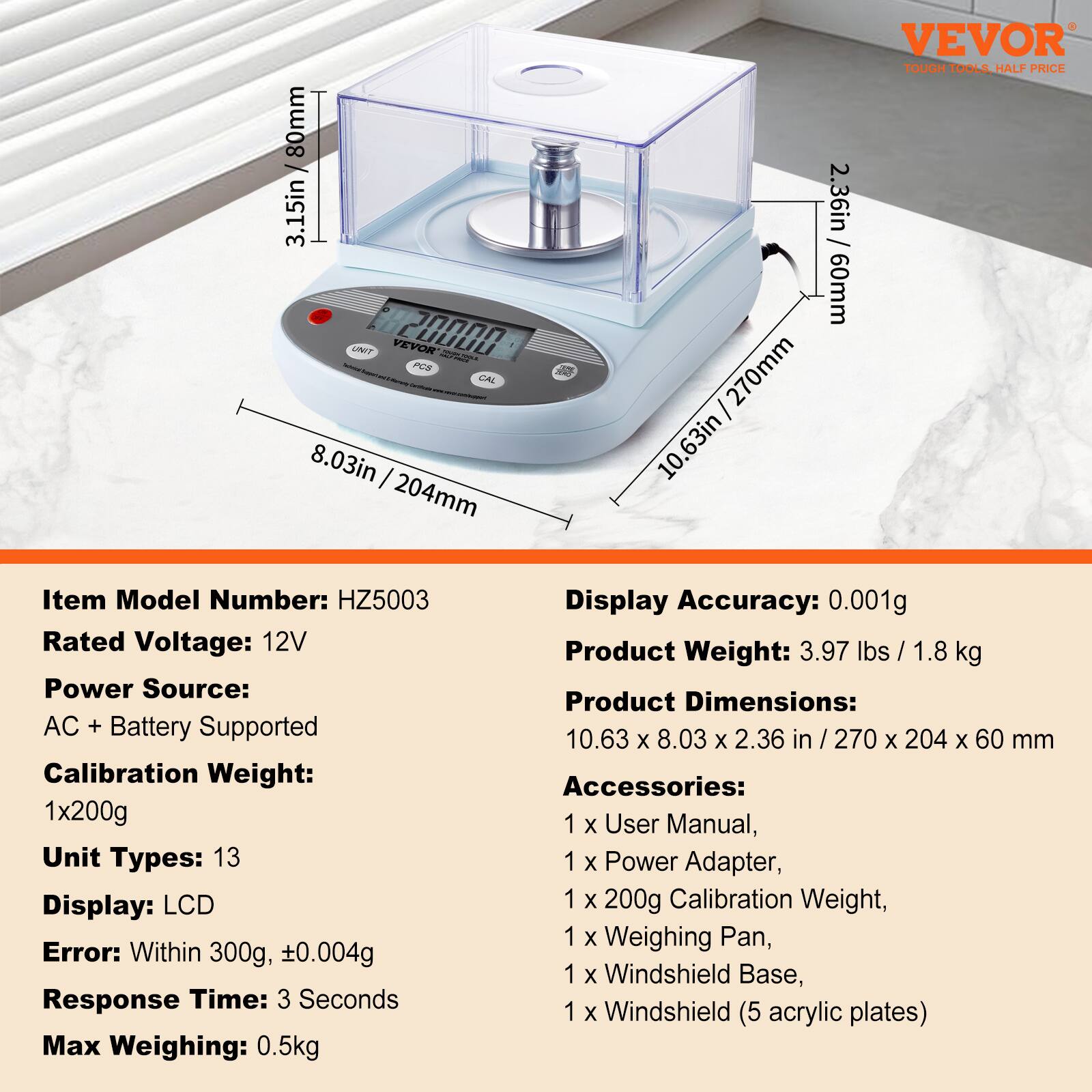 VEVOR Analytical Balance, 500 gram x 0.001g Accuracy High Precision Lab ...