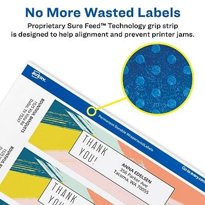 No More Wasted Labels  
Proprietary Sure Feed™ Technology grip strip is designed to help alignment and prevent printer jams.

AVERY  
1525 BOUNTIFUL TX  
Vista Permanent Rd  
75247

AVERY  
356 Tacoma, WA  
Parker Ave  
70055

THANK YOU!  
ANNA EDELSEN  
356 Tacoma, WA  
Parker Ave  
70055

Go to avery.com