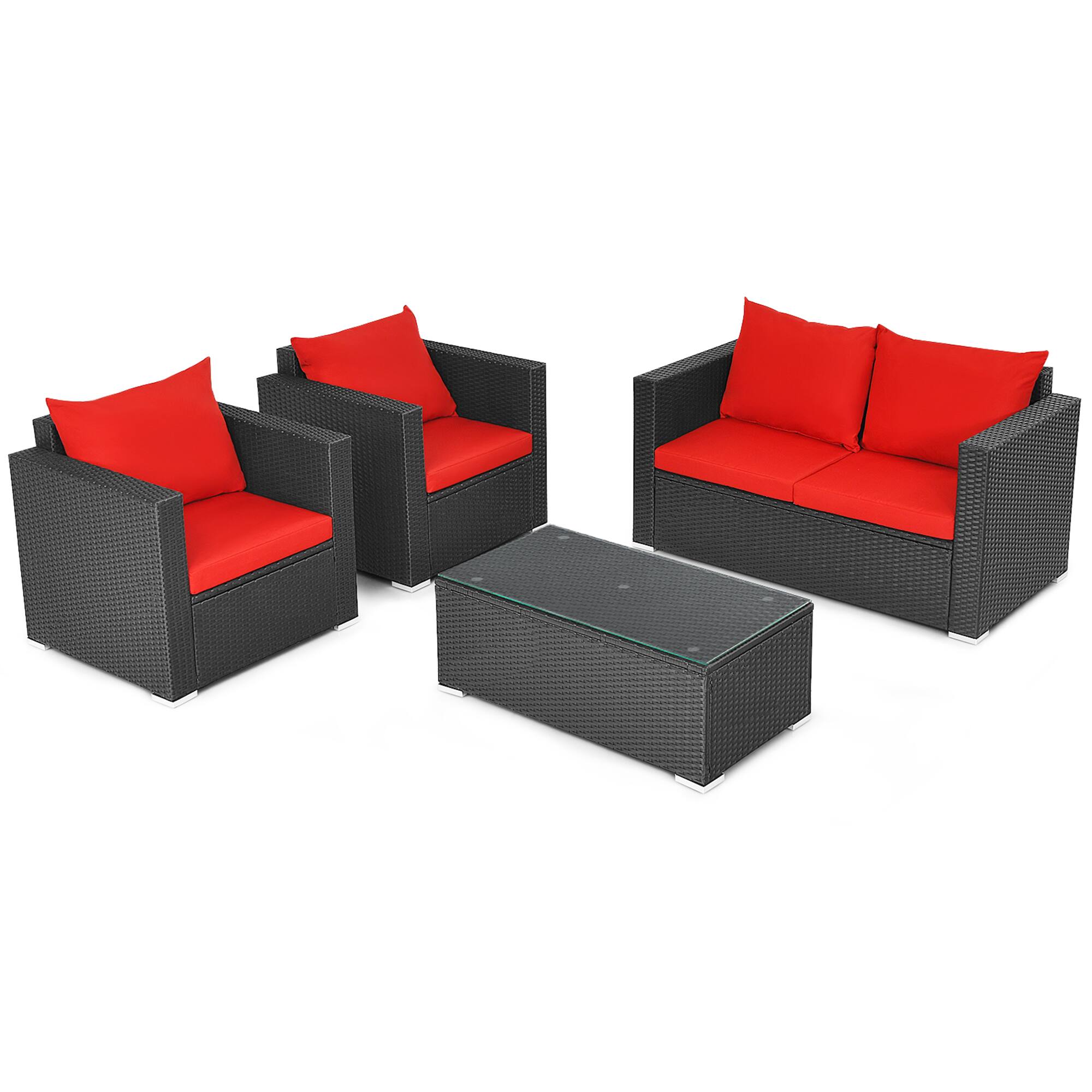Alt View 6. Gymax - Gymax 4PCS Rattan Patio Conversation Set Outdoor Furniture Set w/ Red Cushions - Red.