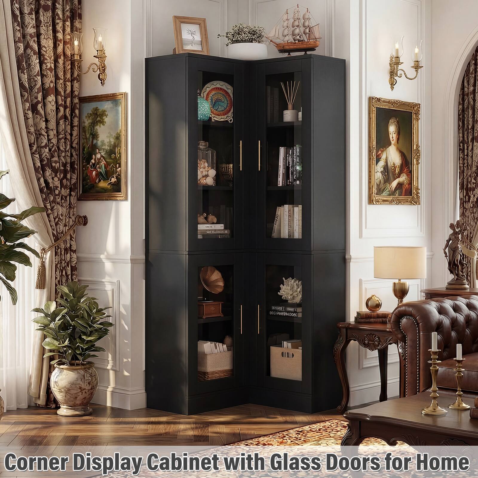 Corner Display Cabinet with Glass Doors for Home