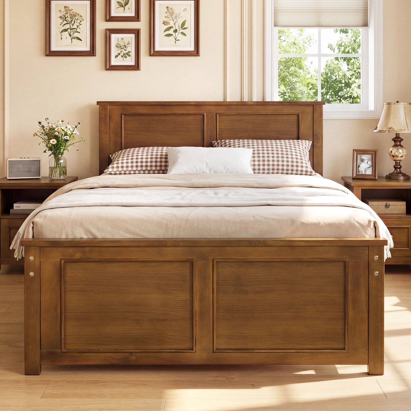 Alt View 3. Gymax - Gymax Twin Size Bed Frame Farmhouse Wooden Platform Bed w/ Headboard Walnut - Brown.