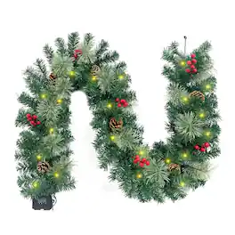 MOVSSOU - 6ft Christmas Garland with 40 Light and Pine Cones Berry Clusters - Green