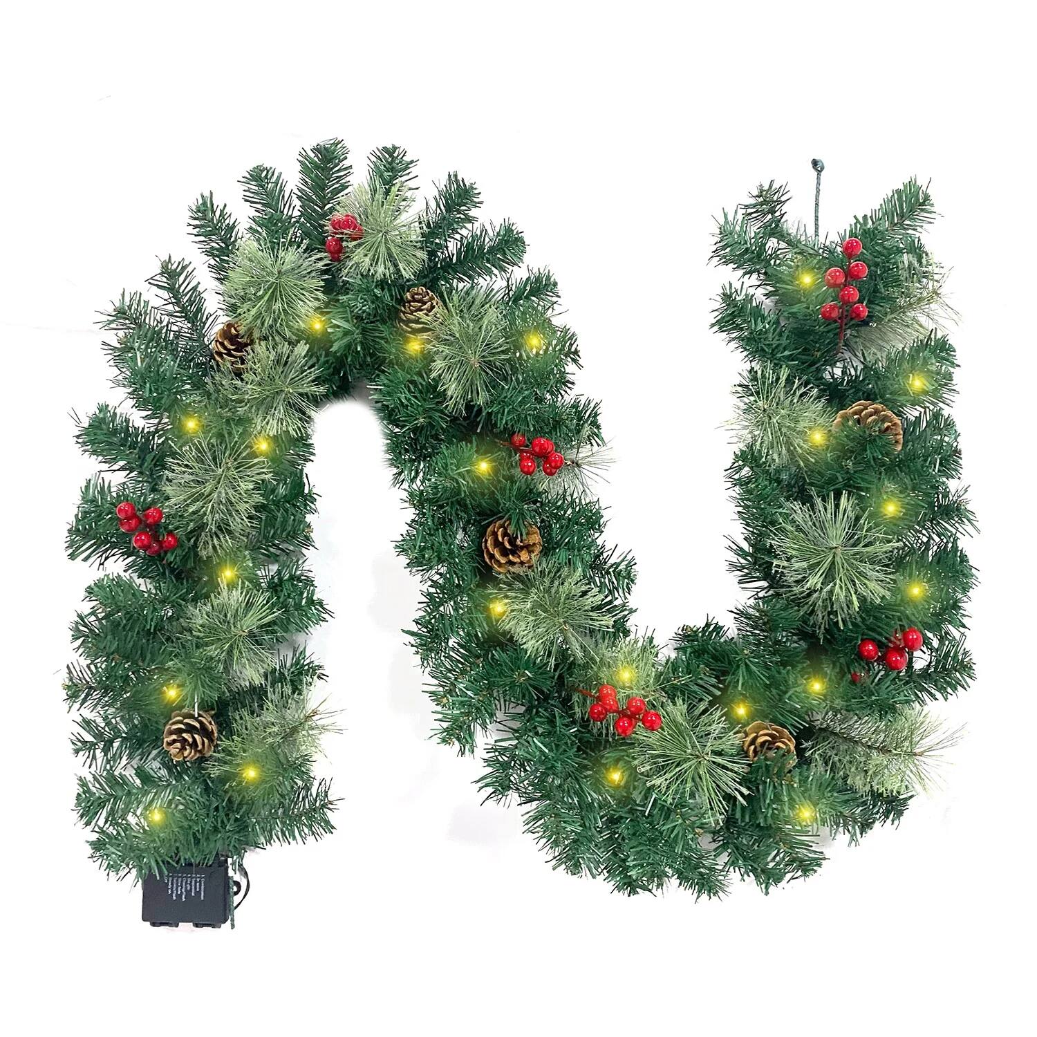 MOVSSOU - 6ft Christmas Garland with 40 Light and Pine Cones Berry Clusters - Green
