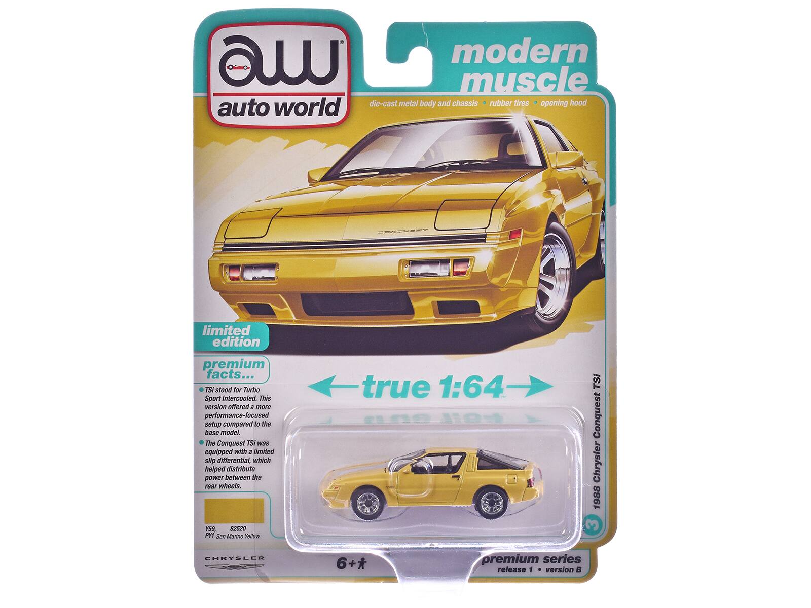 modern muscle die-cast metal body and chassis rubber tires opening hood auto world limited edition premium facts... JSI stood for Turbo Sport Intercooled. This version offered a more performance-focused setup compared to the base model. The Conquest TSI was equipped with a limited slip differential, which helped distribute power between the rear wheels. P3R 82520 m San Marino Yellow true 1:64 15 TSi Conquest Chrysler 1988 Y CHRYSLER 6+* premium series release 1 version