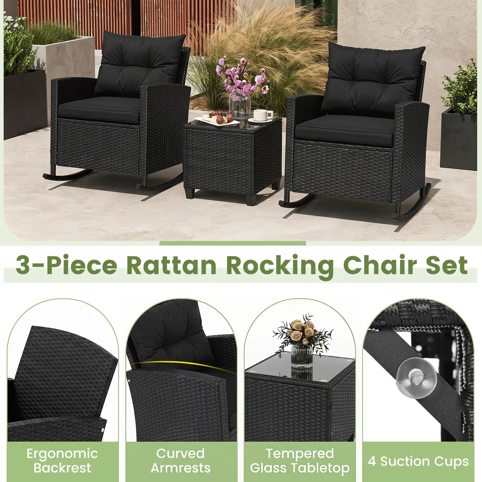 3-Piece Rattan Rocking Chair Set Ergonomic Backrest Curved Armrests Tempered Glass Tabletop 4 Suction Cups
