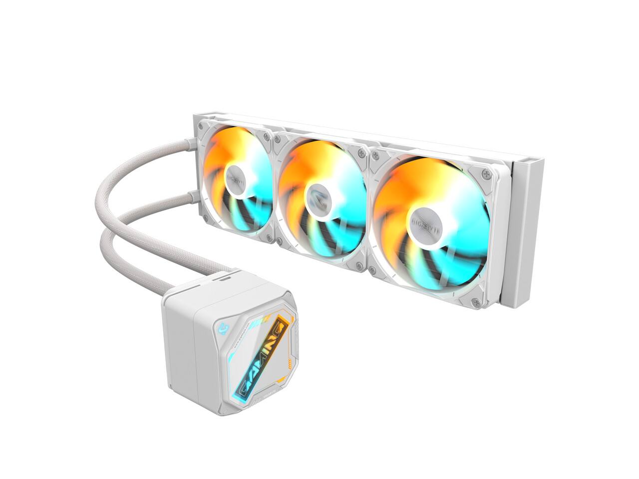 Left. GIGABYTE - gaming 360 ice liquid cpu cooler, 360mm radiator with 3x 120mm low nois - Multicolor.