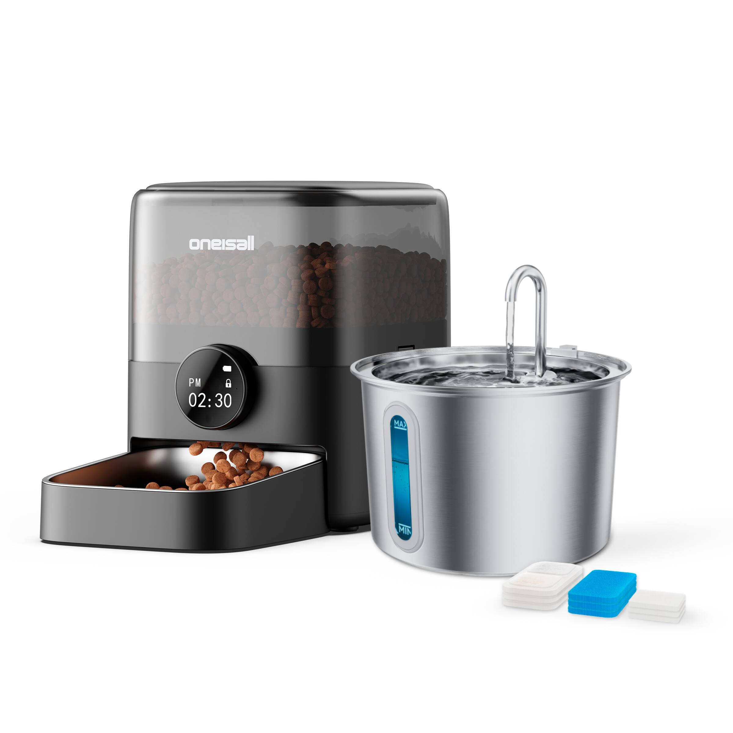 Oneisall - Feeding Combo: 3L Automatic Cat Feeder+2L Stainless Steel Cat Water Fountain with 3 Filters - Silver