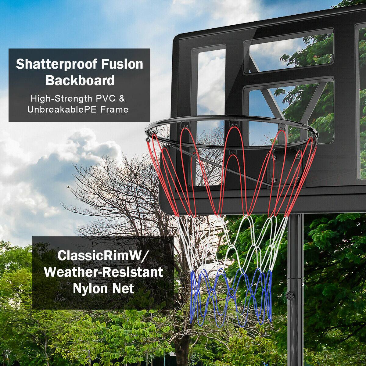 Shatterproof Fusion Backboard  
High-Strength PVC & Unbreakable PE Frame  
Classic Rim W/ Weather-Resistant Nylon Net