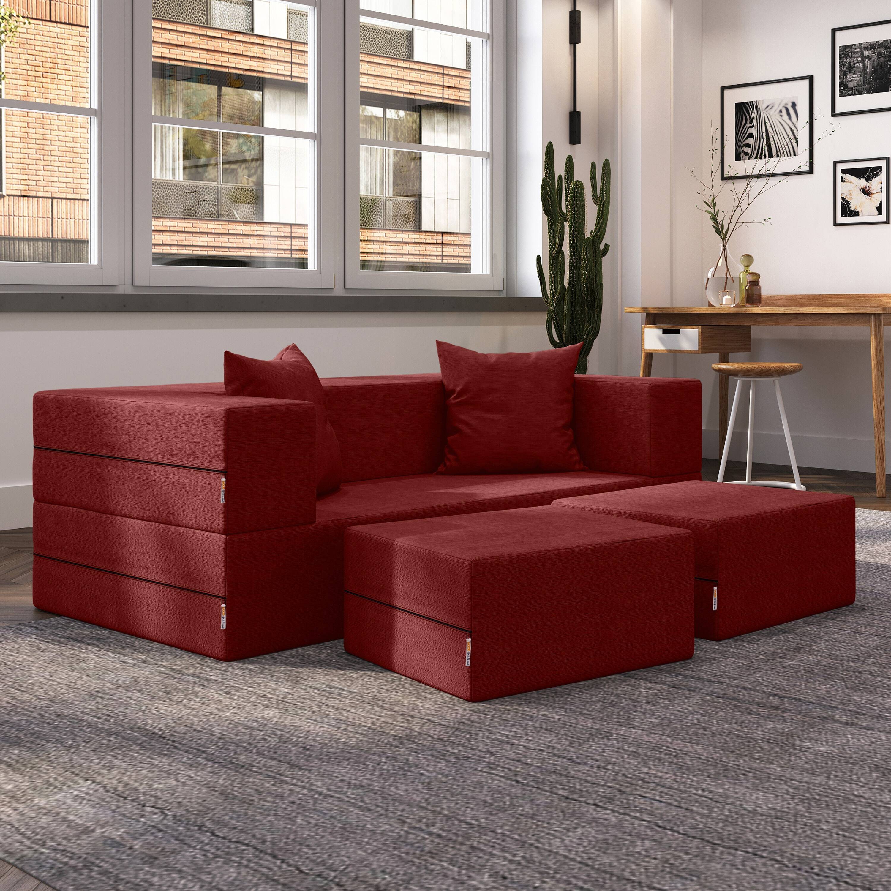 Left. Jaxx - Jaxx Zipline Convertible Sleeper Loveseat & Ottomans, Textured Microvelvet - Berry Red - Berry Red.