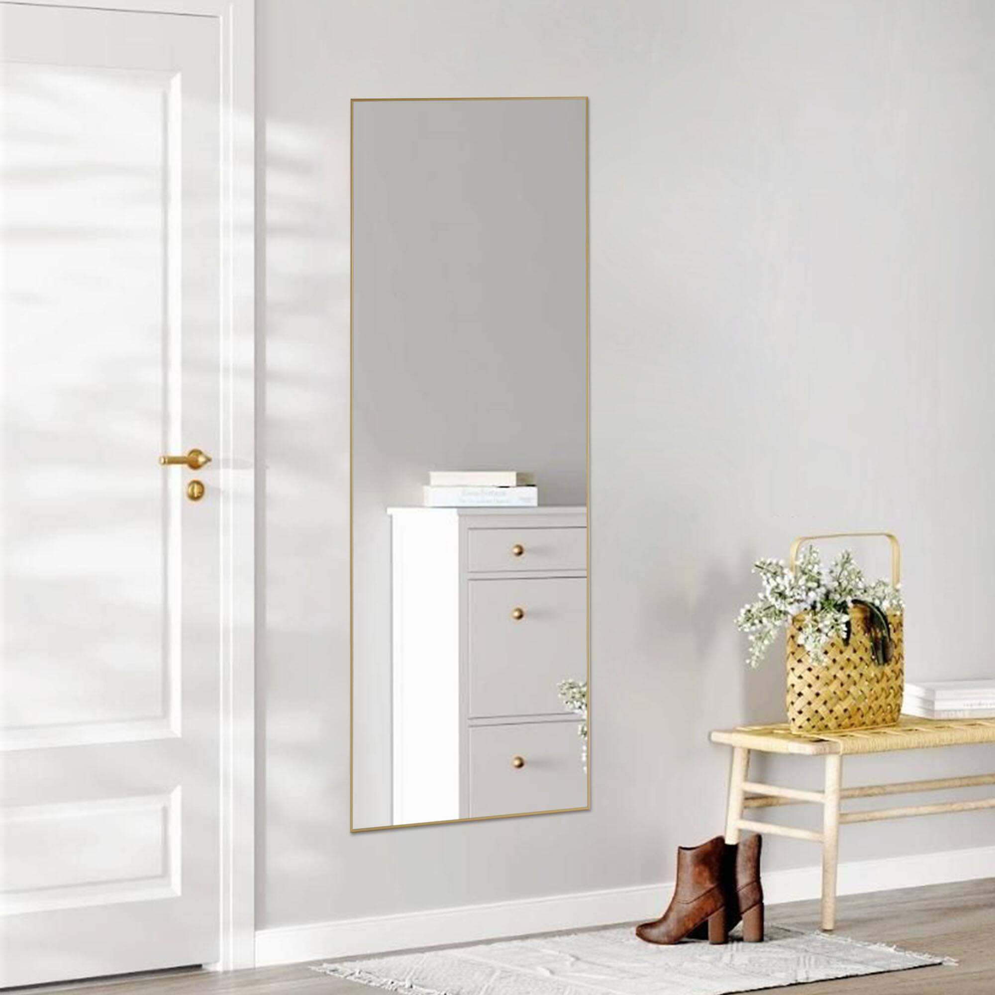 Alt View 1. PexFix - 64 in. Full Length Floor Mirror, Thin Aluminum Alloy Frame, Wall Mount or Stand for Bedroom, Living Room, Entryway - Gold.