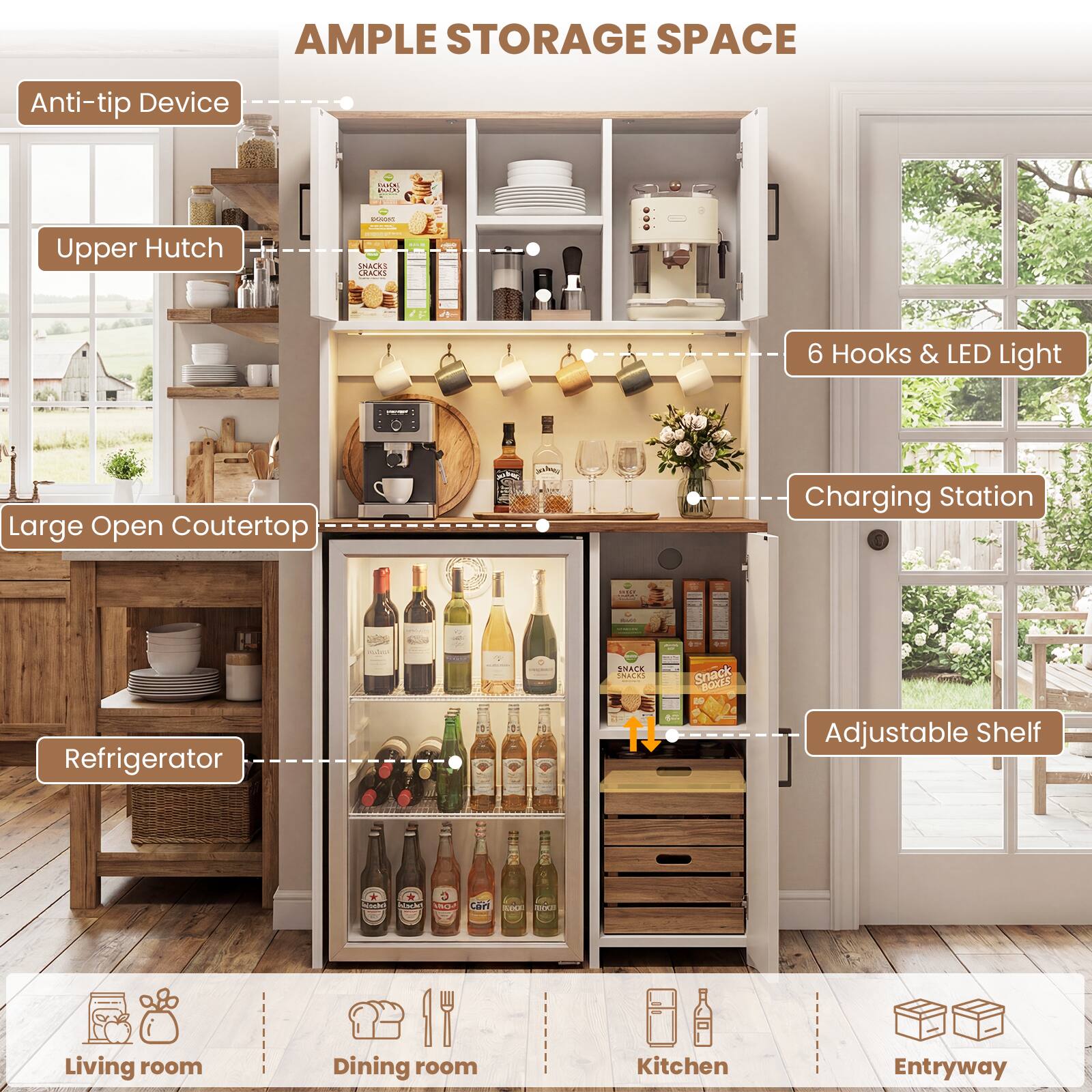 AMPLE STORAGE SPACE

- Anti-tip Device
- Upper Hutch
- Large Open Countertop
- Refrigerator
- 6 Hooks & LED Light
- Charging Station
- Adjustable Shelf

Living room | Dining room | Kitchen | Entryway