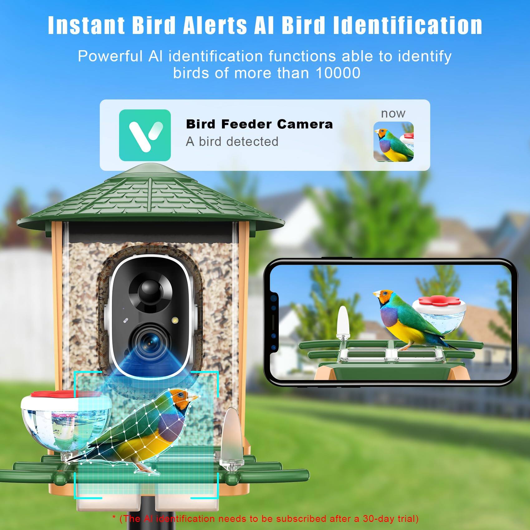 Instant Bird Alerts AI Bird Identification  
Powerful AI identification functions able to identify birds of more than 10000  

Bird Feeder Camera  
A bird detected now  

*(The AI identification needs to be subscribed after a 30-day trial)*