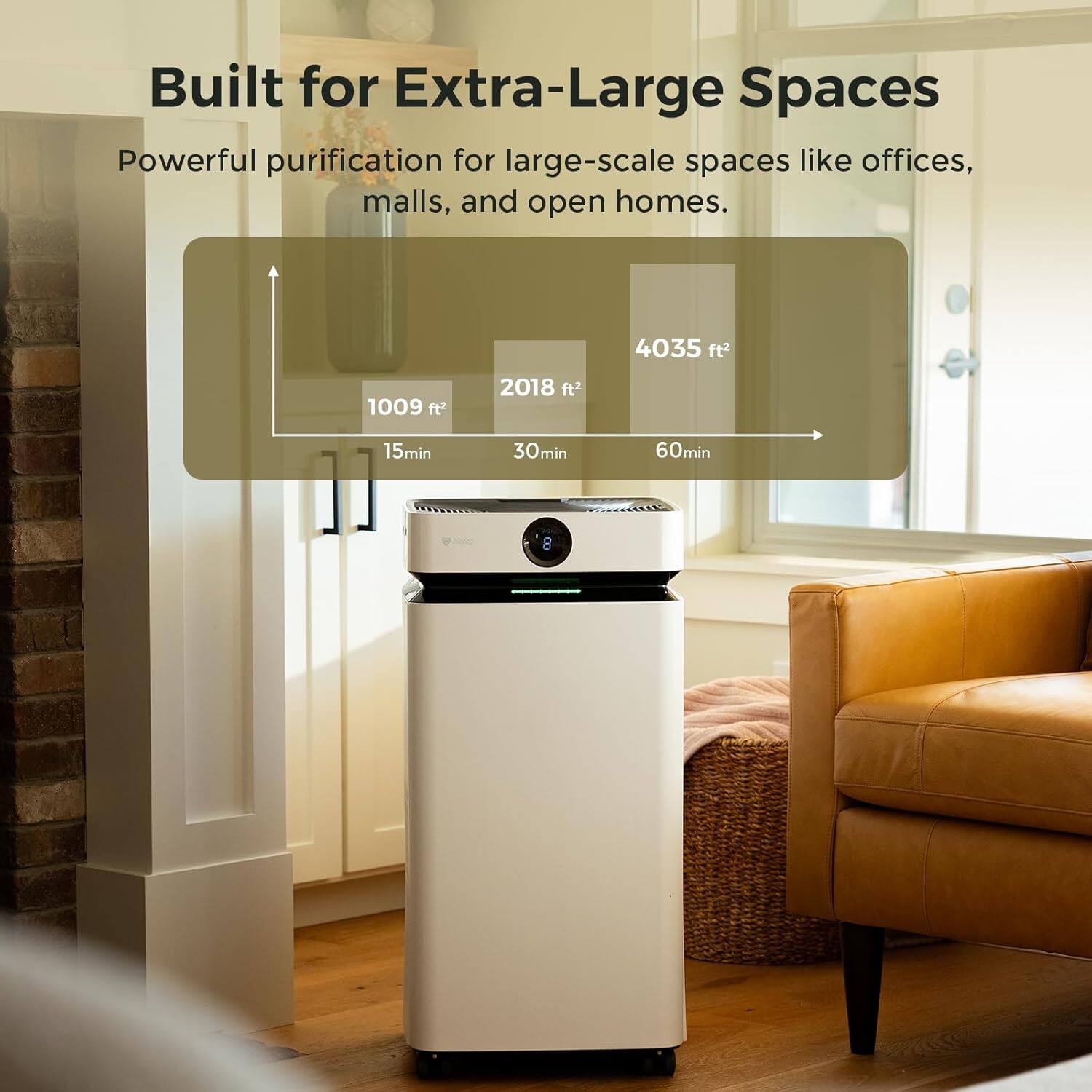 Built for Extra-Large Spaces

Powerful purification for large-scale spaces like offices, malls, and open homes.

1009 ft² 2018 ft² 4035 ft²

15min 30min 60min
