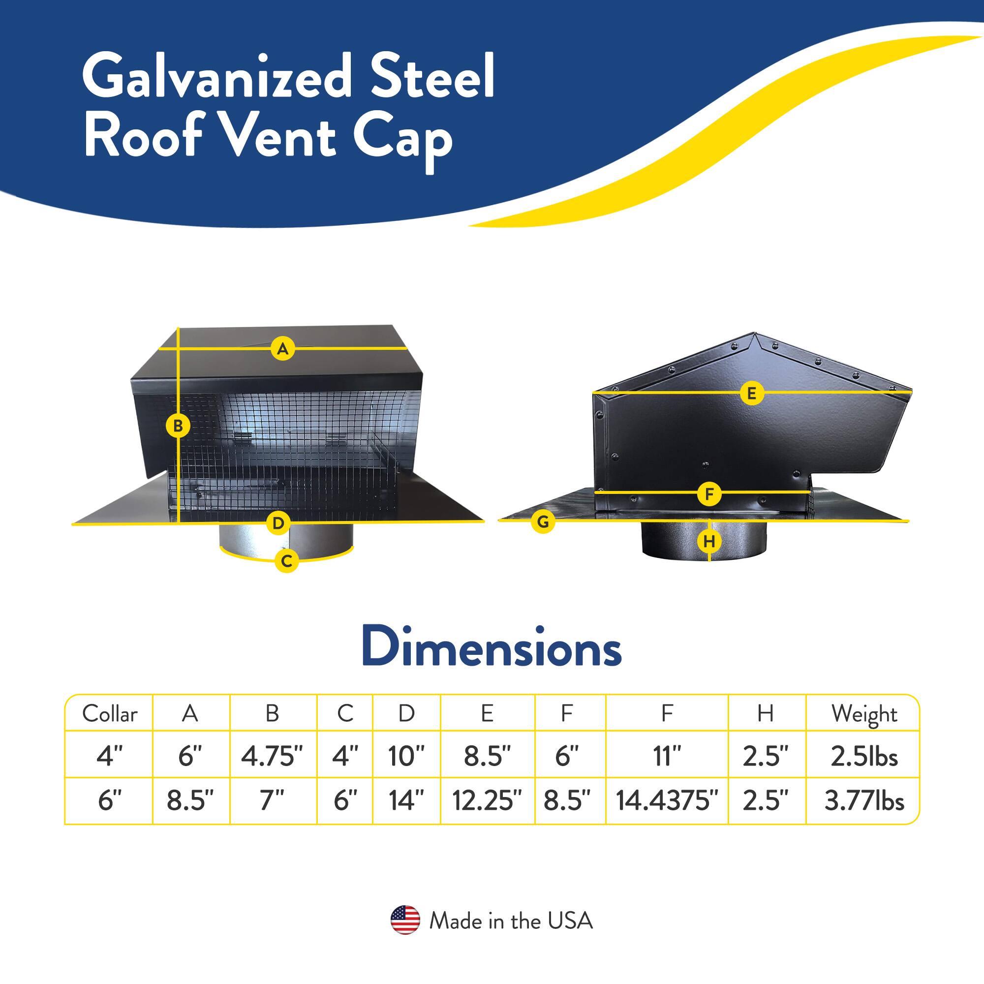 Galvanized Steel Roof Vent Cap

Dimensions
Collar A B C D E F F H
4" 6" 4.75" 4" 10" 8.5" 6" 11" 2.5" 2.5lbs
6" 8.5" 7" 6" 14" 12.25" 8.5" 14.4375" 2.5" 3.77lbs

Made in the USA