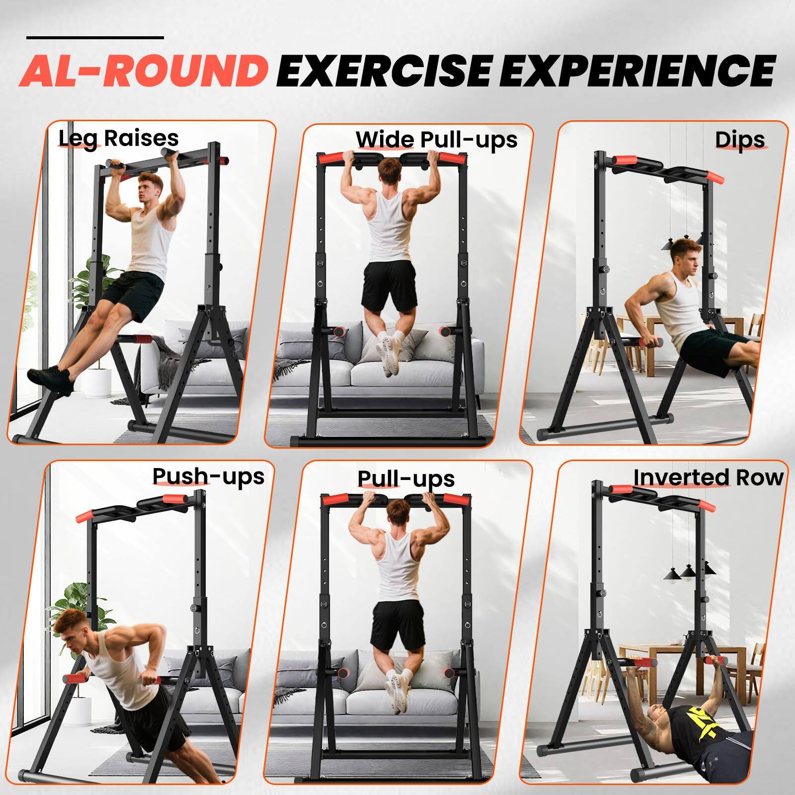 AL-ROUND EXERCISE EXPERIENCE

- Leg Raises
- Wide Pull-ups
- Dips
- Push-ups
- Pull-ups
- Inverted Row