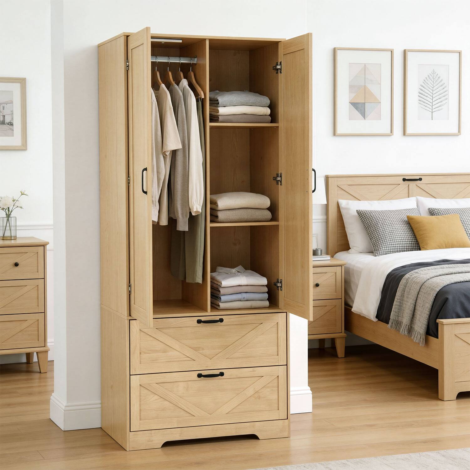 Angle. MERAVOM - Wooden Armoire Wardrobe with Mirror and 2 Drawers, 2 Doors, 71.7" Tall Freestanding Clothing Storage Cabinet for Bedroom - Natural.