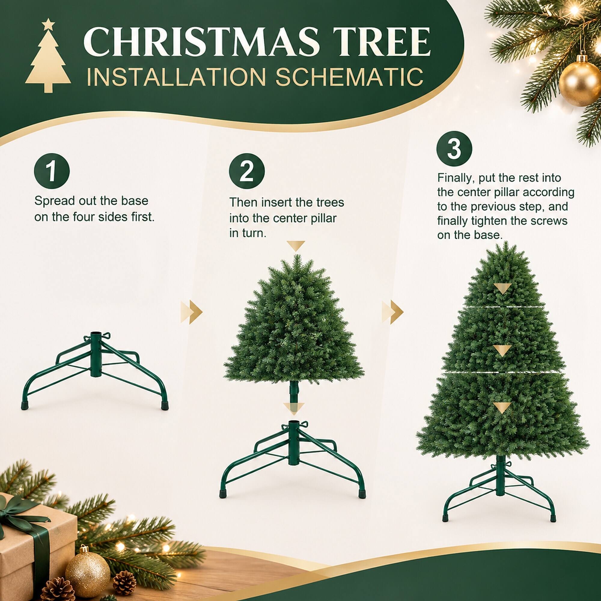 CHRISTMAS TREE INSTALLATION SCHEMATIC

1. Spread out the base on the four sides first.
2. Then insert the trees into the center pillar in turn.
3. Finally, put the rest into the center pillar according to the previous step, and finally tighten the screws on the base.