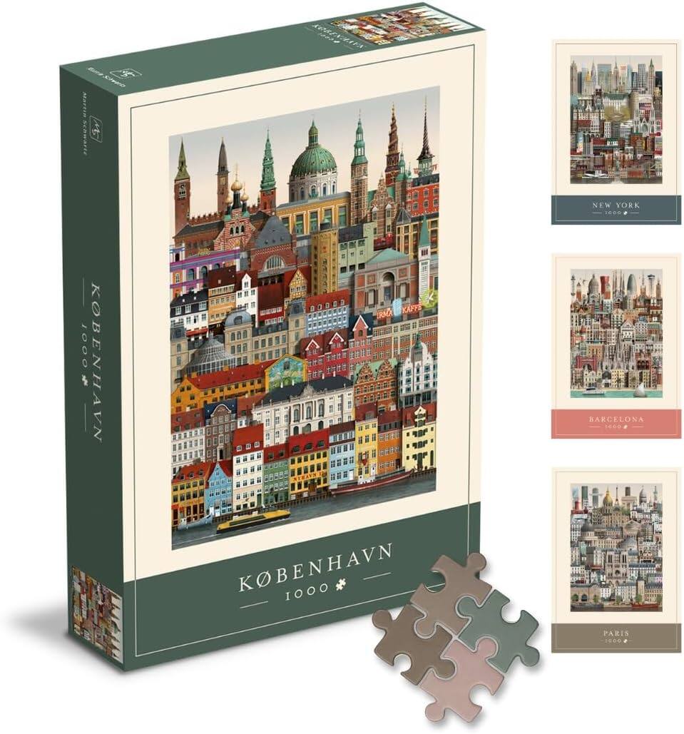 Sure, here is the corrected and grouped text from the image:

---

**Front of the Box:**
- KØBENHAVN
- 1000

**Side of the Box:**
- KØBENHAVN
- 1000

**Top of the Box:**
- Schwarte 1000 KØBENHAVN
- DOD8R KAFPE RAC
- KØBENHAVN 1000
- NEW YORK .N
- BARCELONA 1460
- PARIS 1.06

**Posters:**
- NEW YORK
- BARCELONA
- PARIS

---