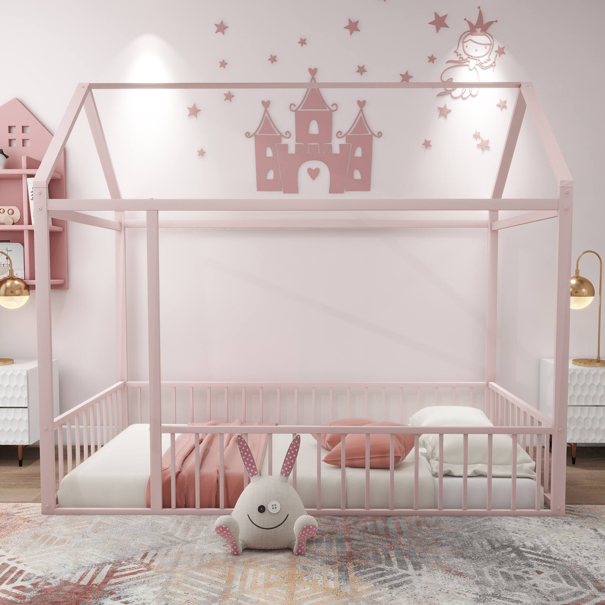 GOODSILO - Twin Size Playhouse Bed Frame with Safety Fence for Kids and Teens - Sturdy Metal Construction - Pink