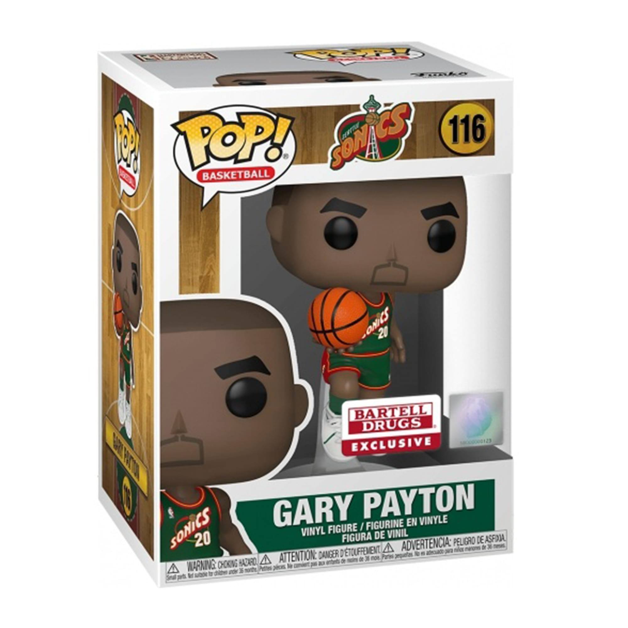 **Front:**
- POP! Basketball
- 116
- Seattle Sonics
- Gary Payton
- Vinyl Figure / Figurine en Vinyle / Figura de Vinil
- Warning: Choking Hazard - Small parts. Not for children under 3 years. / Attention: Peligro de asfixia - Piezas pequeñas. No es para niños menores de 3 años.
- Bartell Drugs Exclusive

**Side:**
- POP! Basketball
- Seattle Sonics
- 20

**Bottom:**
- Gary Payton
- Vinyl Figure / Figurine en Vinyle / Figura de Vinil
- Warning: Choking Hazard - Small parts. Not for children under 3 years. / Attention: Peligro de asfixia - Piezas pequeñas. No es para niños menores de 3 años.