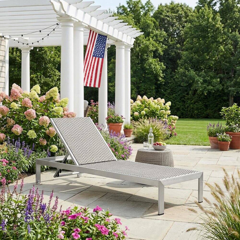 Left. Outdoor Escape - Aluminum Rattan Outdoor Lounge Chair With Adjustable Backrest - Silver.