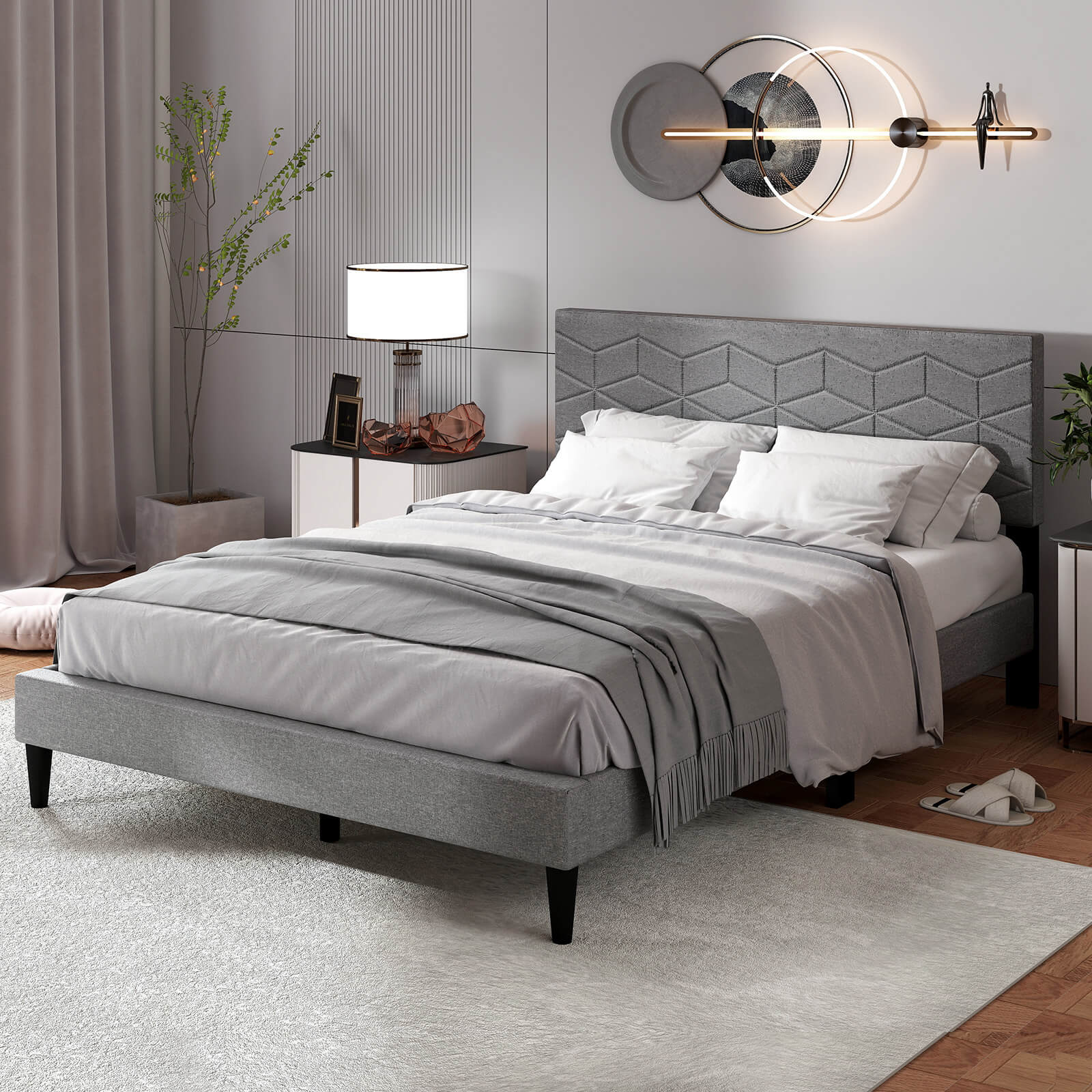 Alt View 3. Costway - Costway Full Size Bed Frame with Linen Fabric Upholstered Headboard & Wooden Slat Support - Gray.