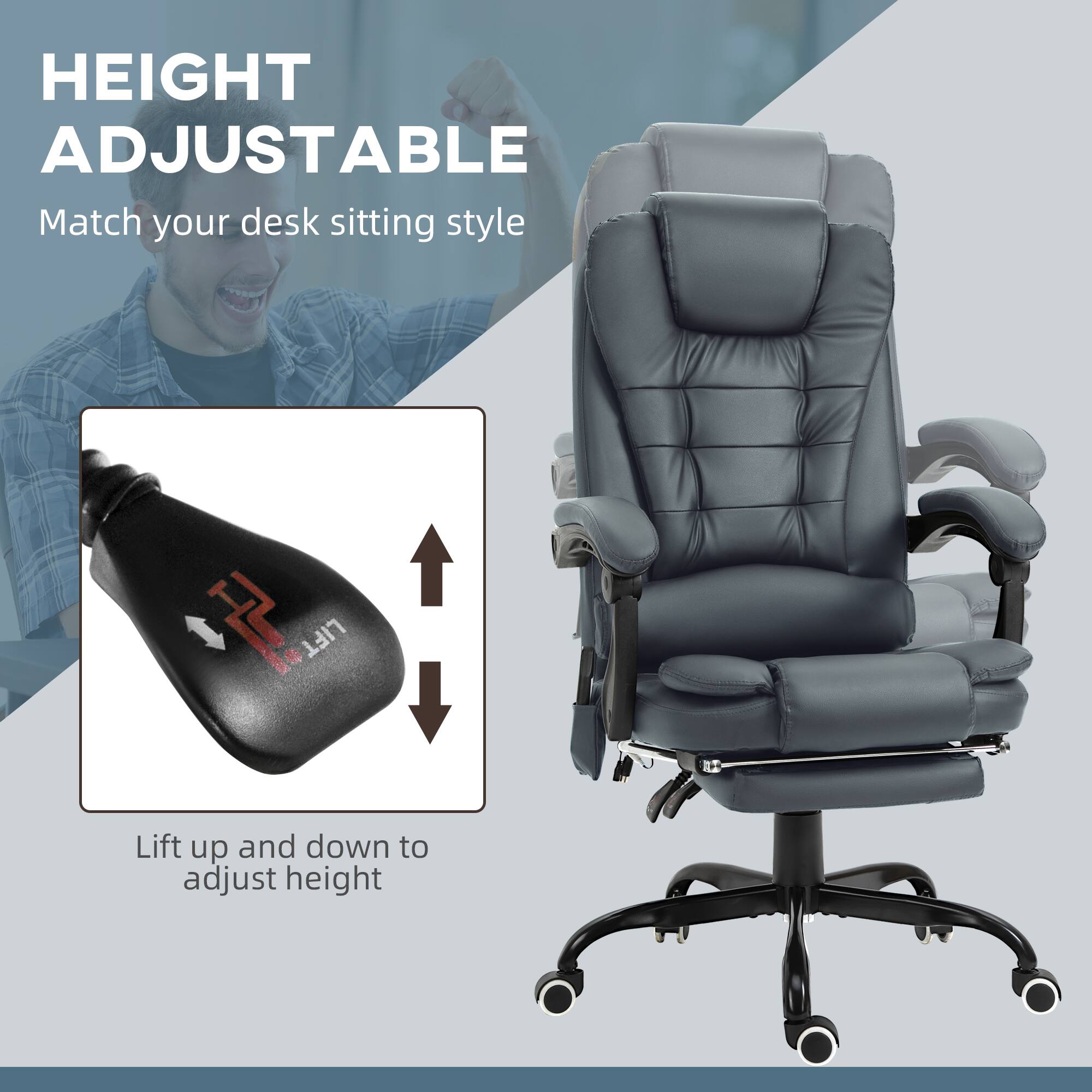 HEIGHT ADJUSTABLE
Match your desk sitting style

4 LIFT
Lift up and down to adjust height