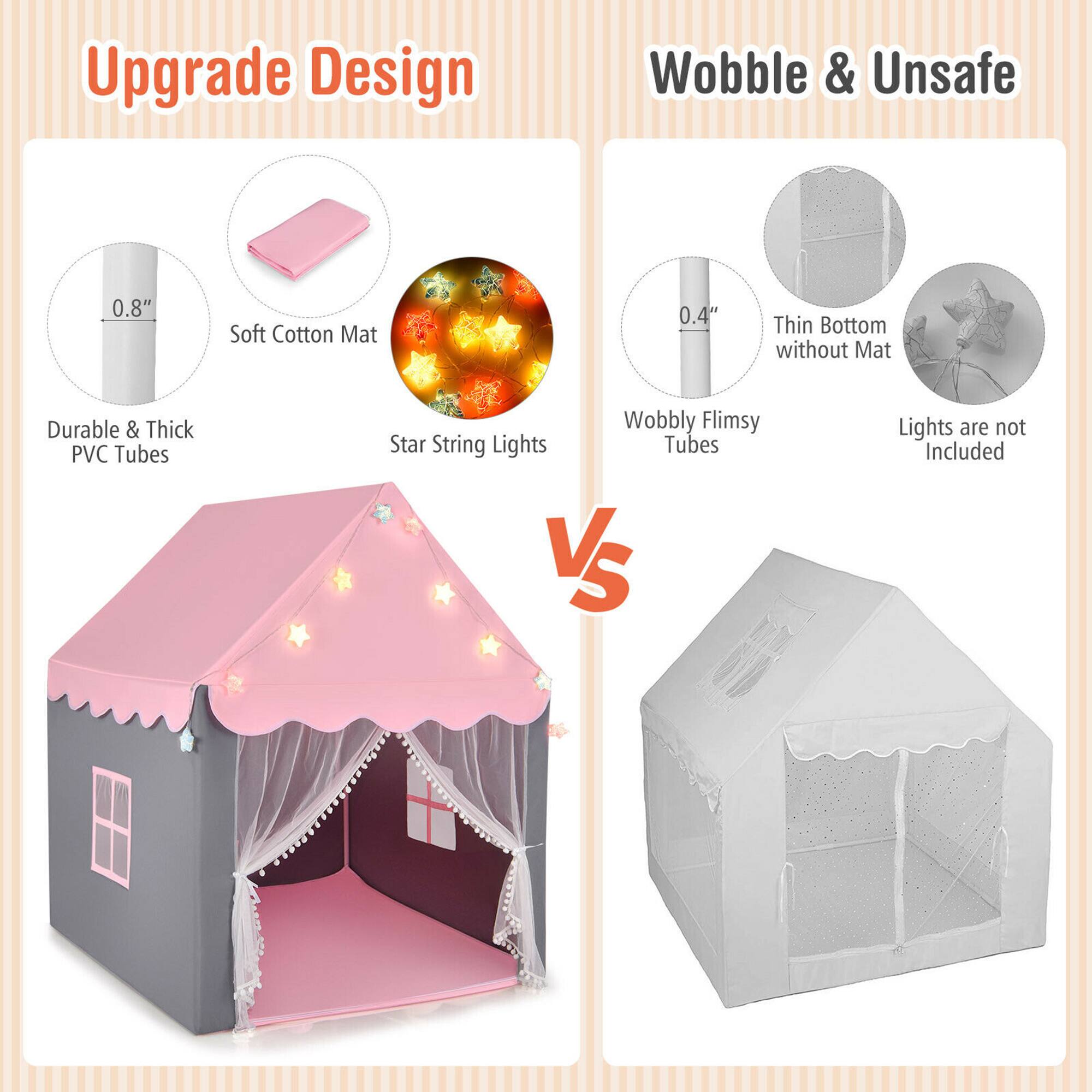 **Upgrade Design**

- Durable & Thick PVC Tubes
- 0.8" Soft Cotton Mat
- Star String Lights

**Wobble & Unsafe**

- 0.4" Thin Bottom without Mat
- Wobbly Flimsy Tubes
- Lights are not Included