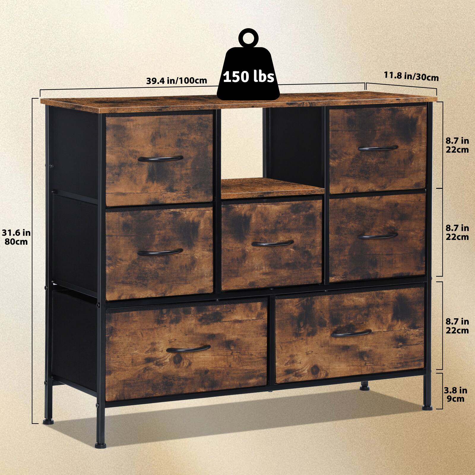 39.4 in/100cm  
150 lbs  
11.8 in/30cm  
8.7 in/22cm  
31.6 in/80cm  
8.7 in/22cm  
8.7 in/22cm  
3.8 in/9cm