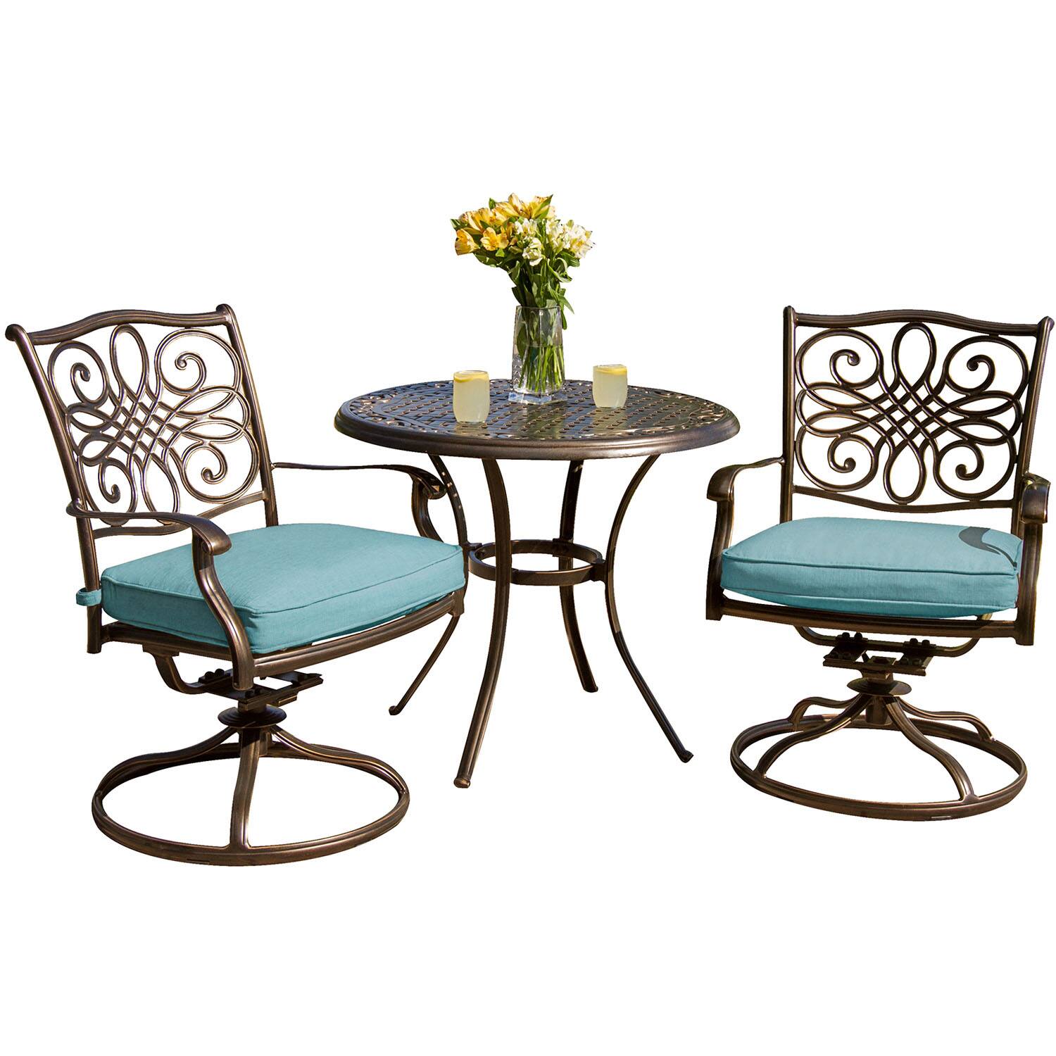 Front. Hanover - Traditions 3-Piece Bistro Set with 32 in. Cast-Top Table - Aluminum/Blue.