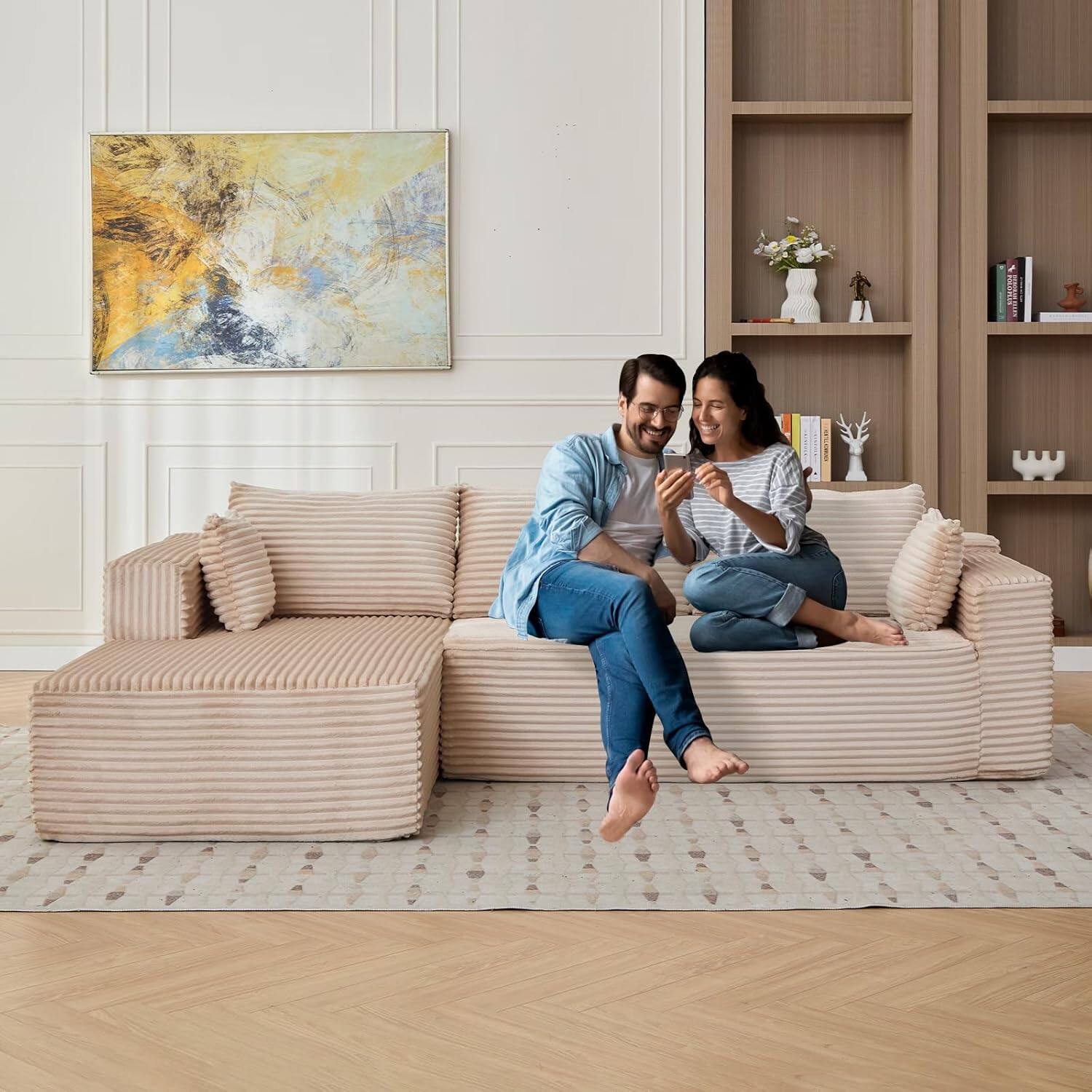 Alt View 6. Trinkets Crazed - 110" Cloud Sectional Couch Compression sofa with Comfy L-Shaped Chaise - beige.