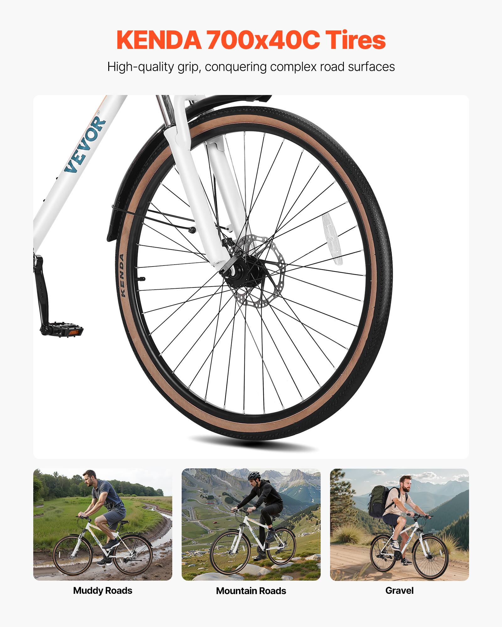 KENDA 700x40C Tires  
High-quality grip, conquering complex road surfaces  

Muddy Roads  
Mountain Roads  
Gravel