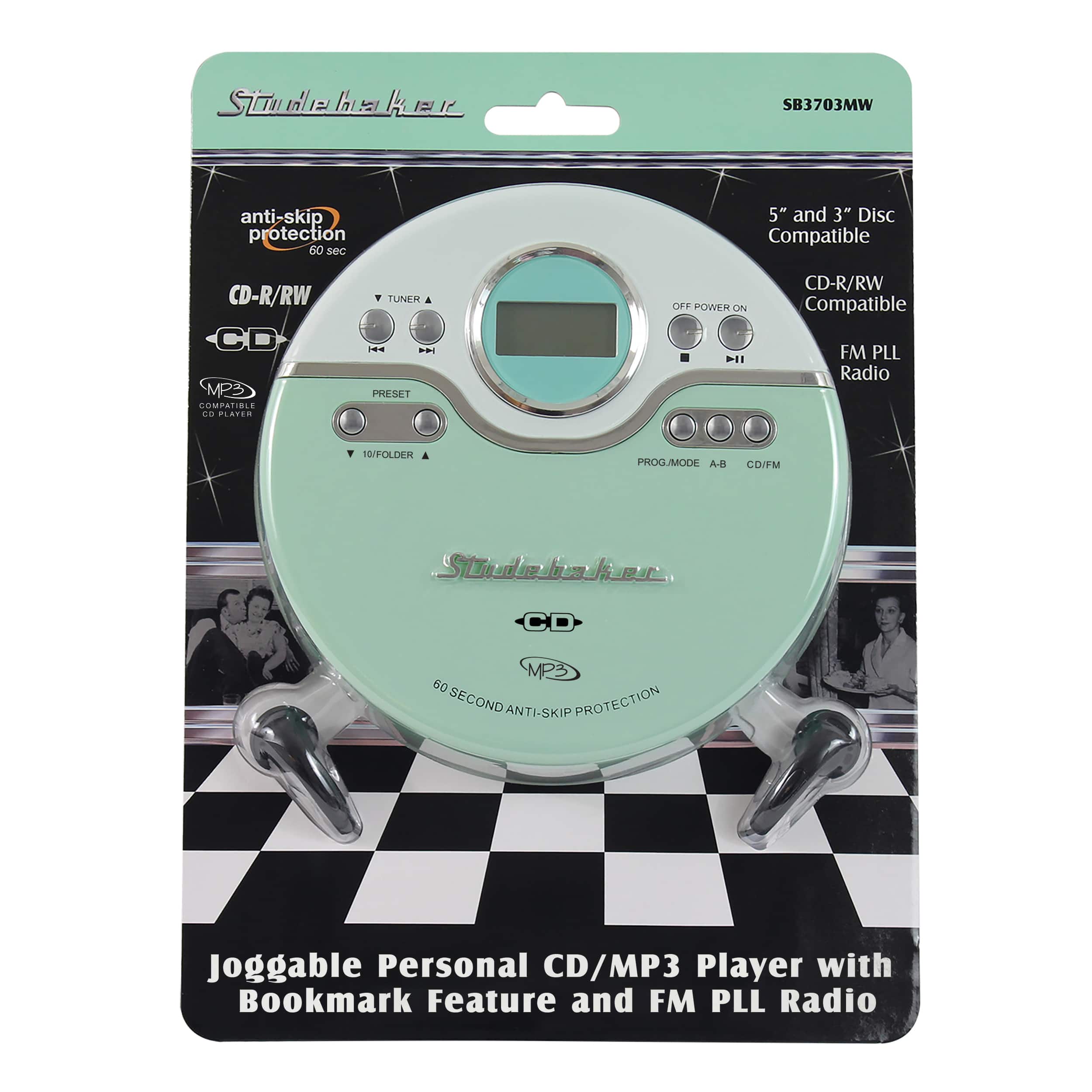 Angle Zoom. Studebaker - SB3703 Portable CD Player with FM Radio - Mint Green/White.