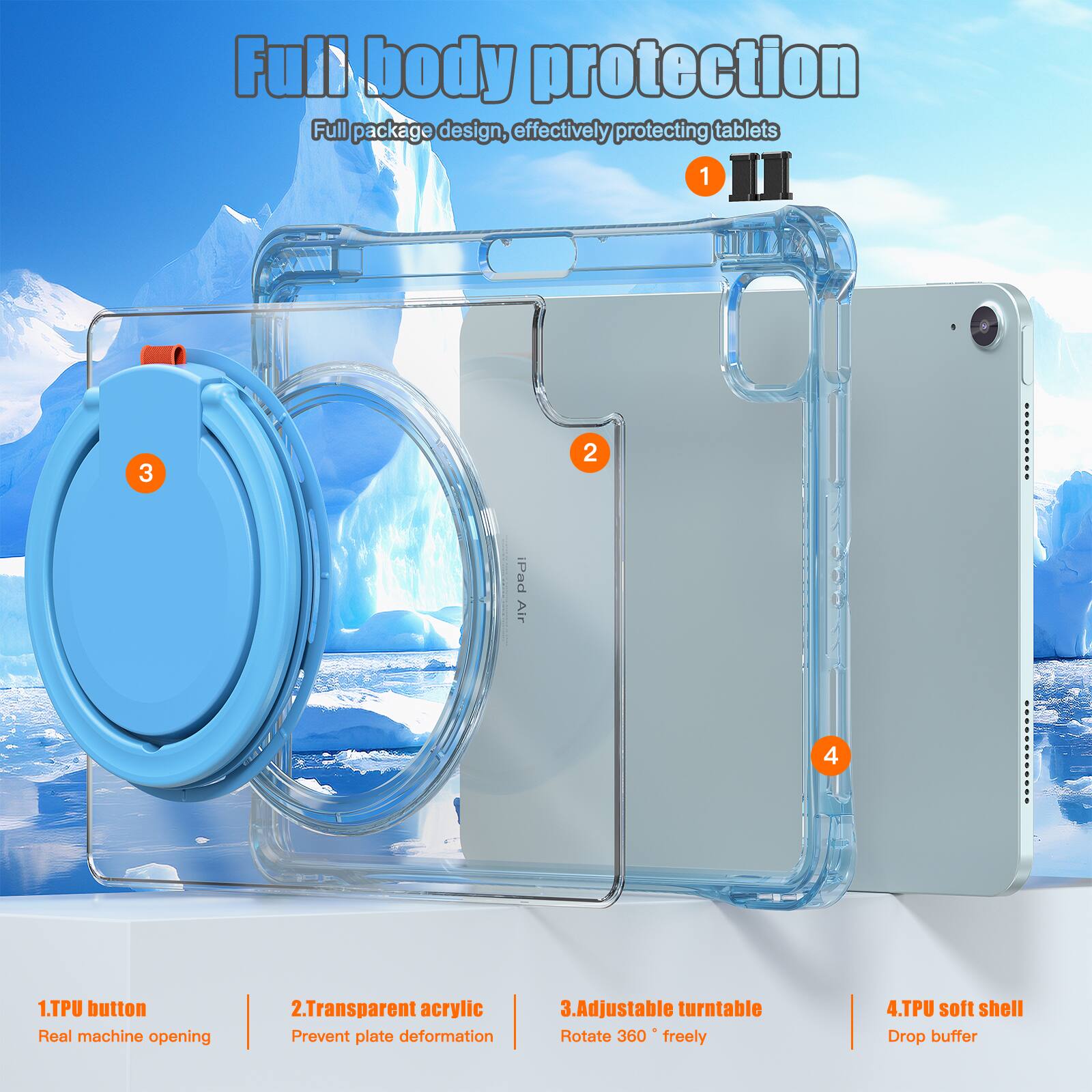 Full body protection  
Full package design, effectively protecting tablets  

1. TPU button  
Real machine opening  

2. Transparent acrylic  
Prevent plate deformation  

3. Adjustable turntable  
Rotate 360° freely  

4. TPU soft shell  
Drop buffer