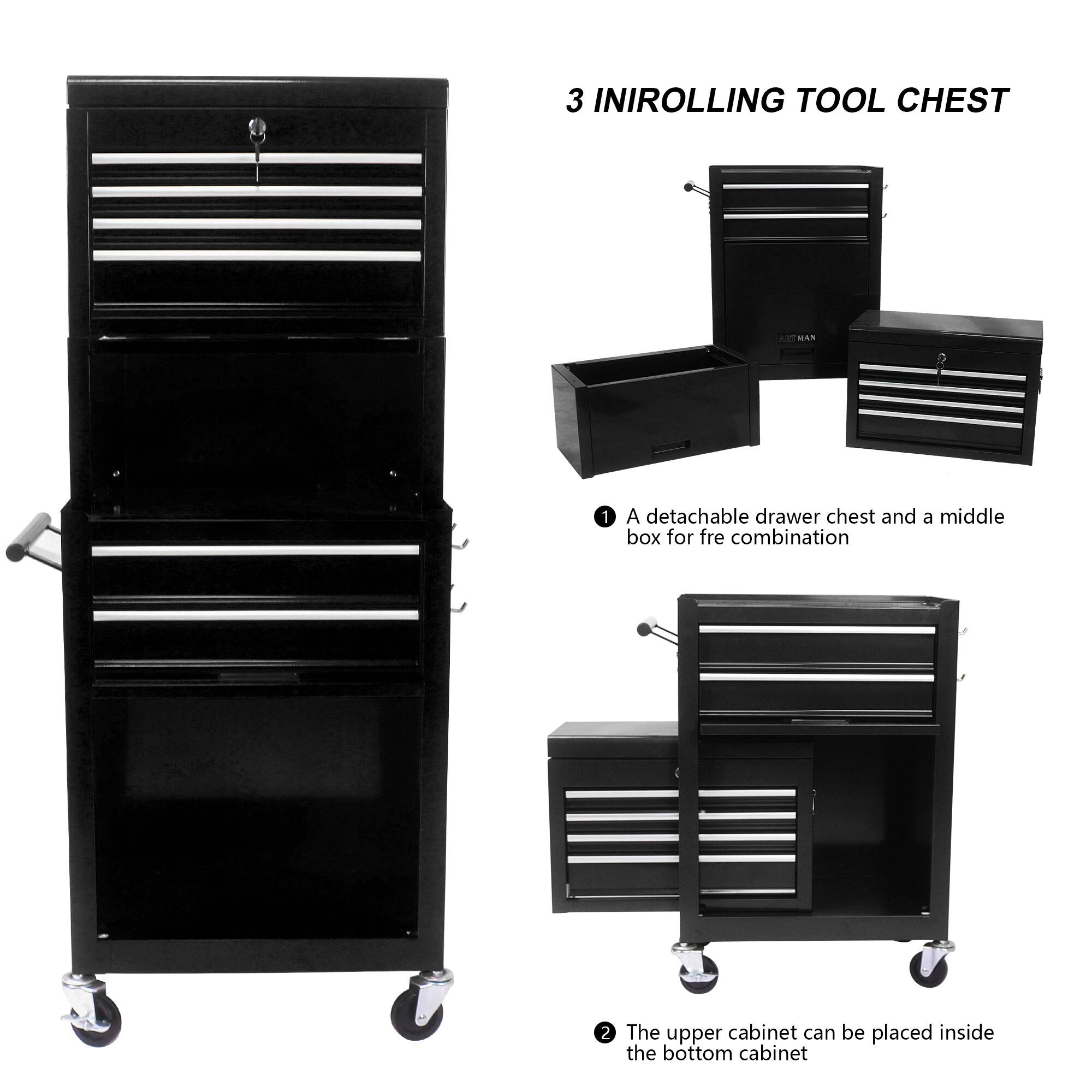 3 INIROLLING TOOL CHEST

1. A detachable drawer chest and a middle box for fre combination
2. The upper cabinet can be placed inside the bottom cabinet