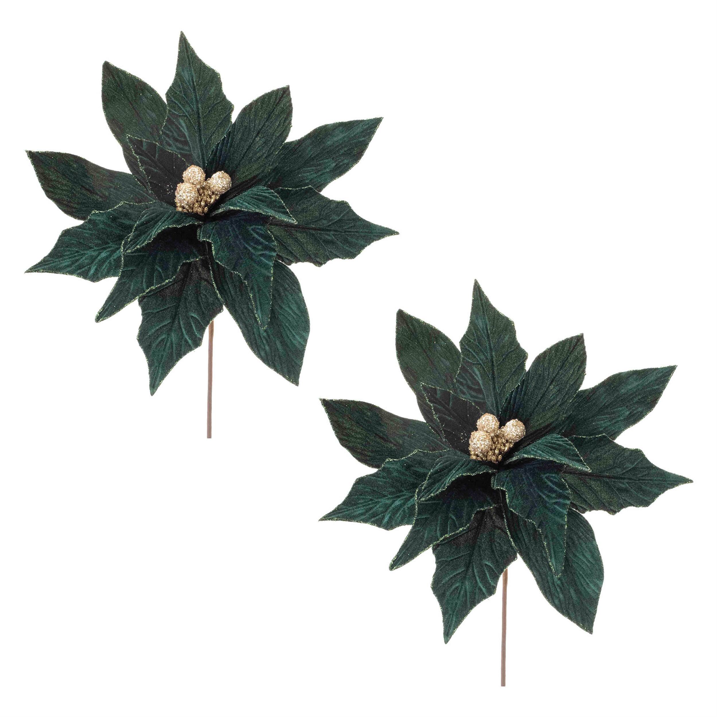 Back. BreeBe - Forest Green Poinsettia Stem (Set of 2) - Green.