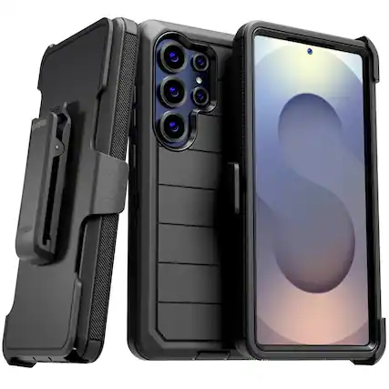 Front. RomeTech - Defender Case for Samsung Galaxy S25 Ultra with Belt Clip, Kickstand, Dual-Layer, Black - Black.