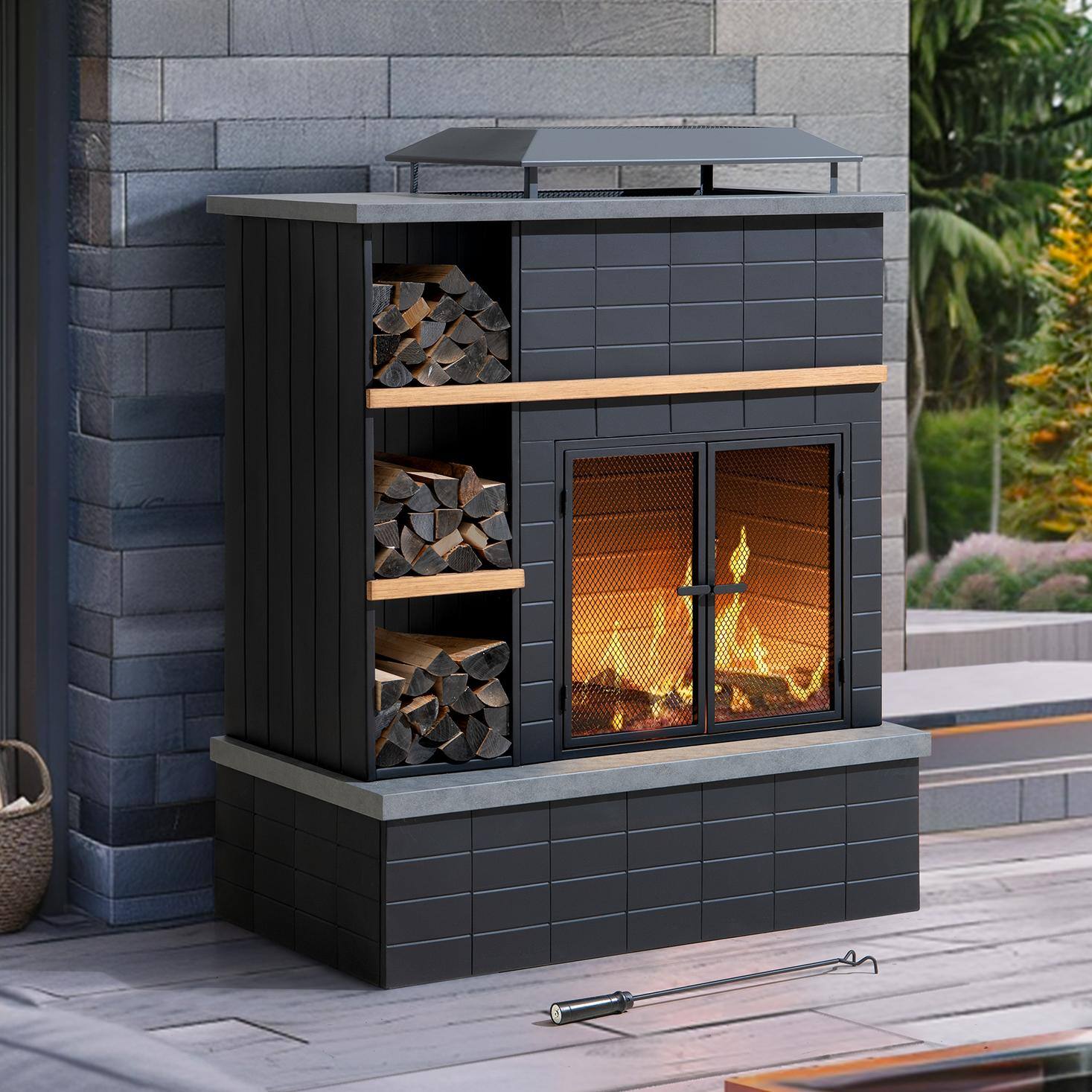 Angle. SUNJOY - SUNJOY 42" Outdoor Wood-Burning Fireplace with Chimney, 3-Tier Log Shelves, Mesh Doors, Poker & Cover, Black Wood Look - black.