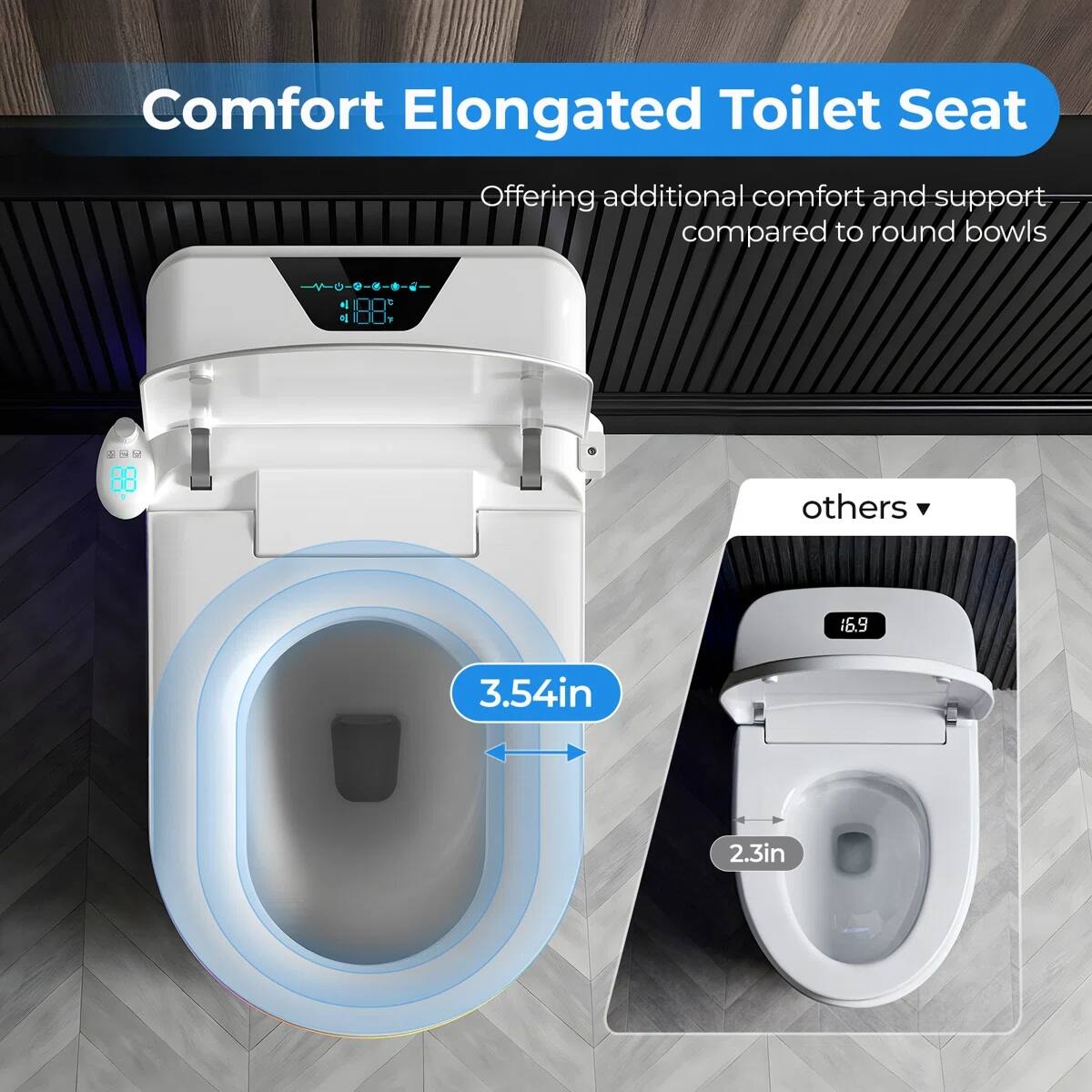 Comfort Elongated Toilet Seat  
Offering additional comfort and support compared to round bowls.  

- 3.54in  
- 2.3in  
- 16.9