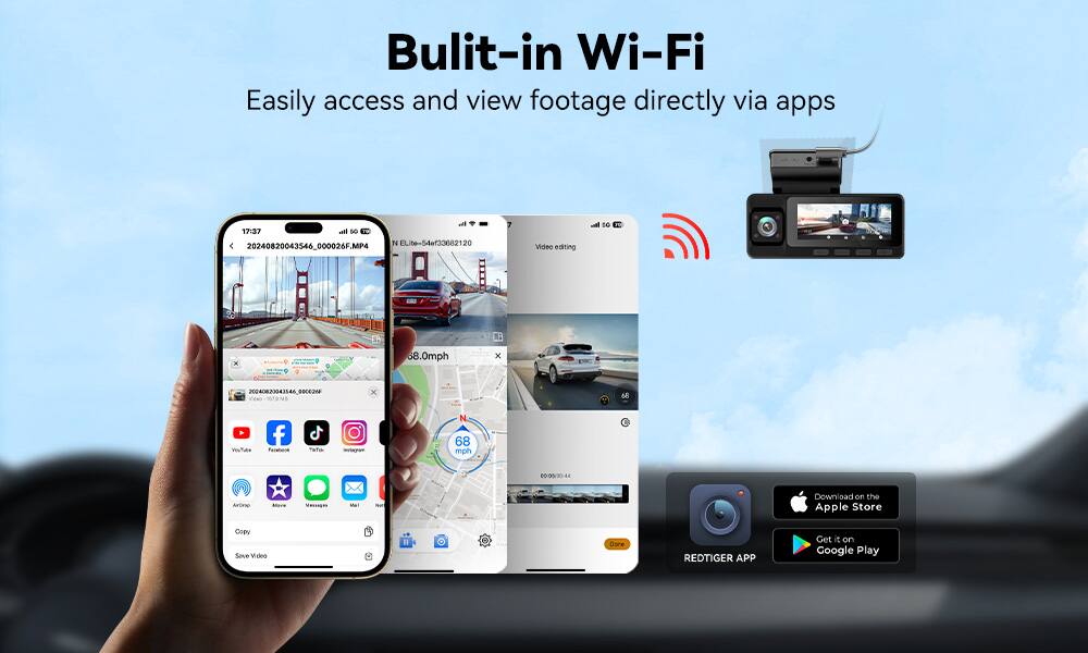 Bulit-in Wi-Fi  
Easily access and view footage directly via apps  

17:37  
20240820043546_000026F.MP4  
Video editing  
68.0mph  
20240820043546_8606264  
68 mph  
00:00/20  
Download on the Apple Store  
Get it on Google Play  

REDTIGER APP