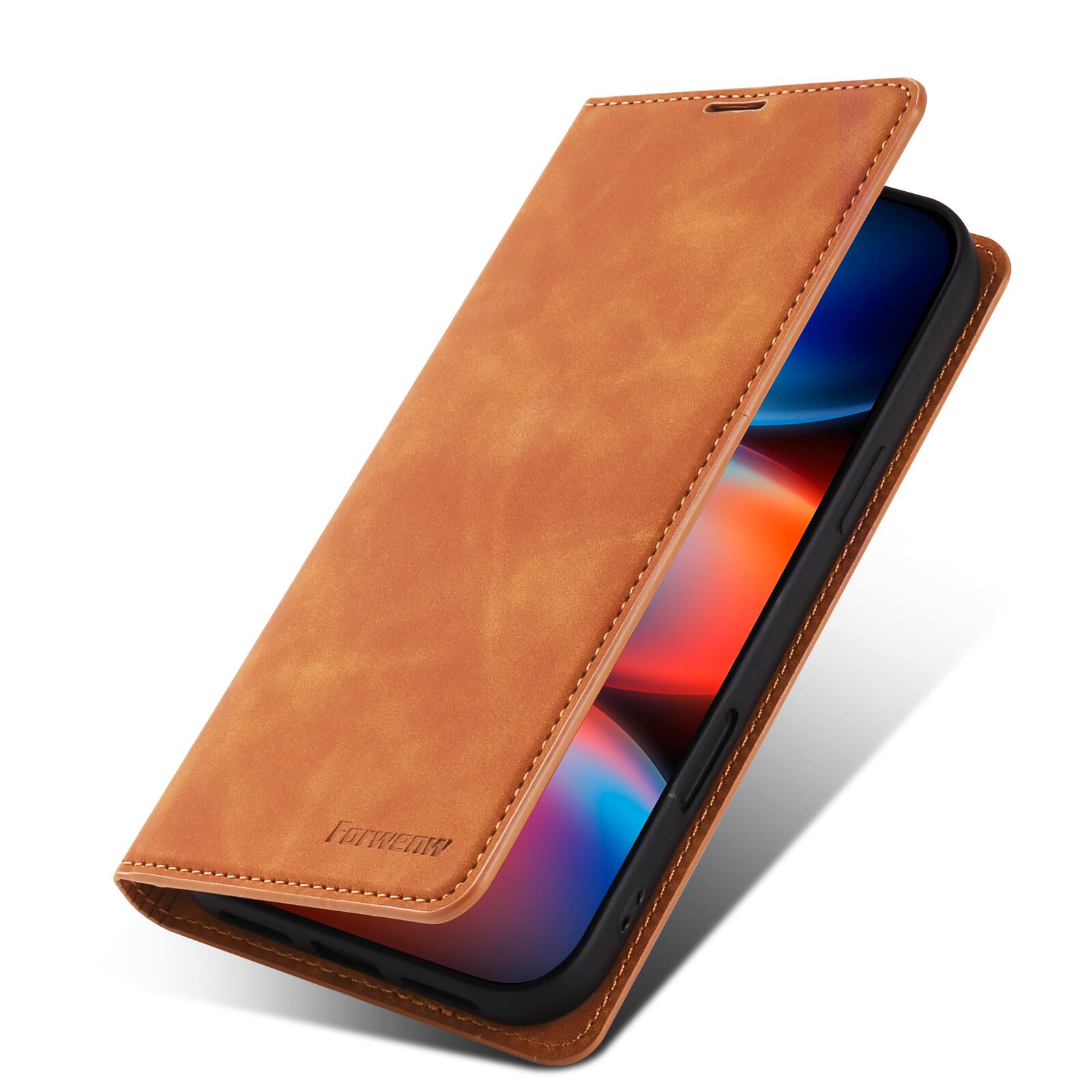 Left. Dteck - Magnetic Wallet Case For Apple iPhone 17 Pro, Shockproof Card Pocket Viewing Kickstand Protective Folio PU Leather Cover - Brown.