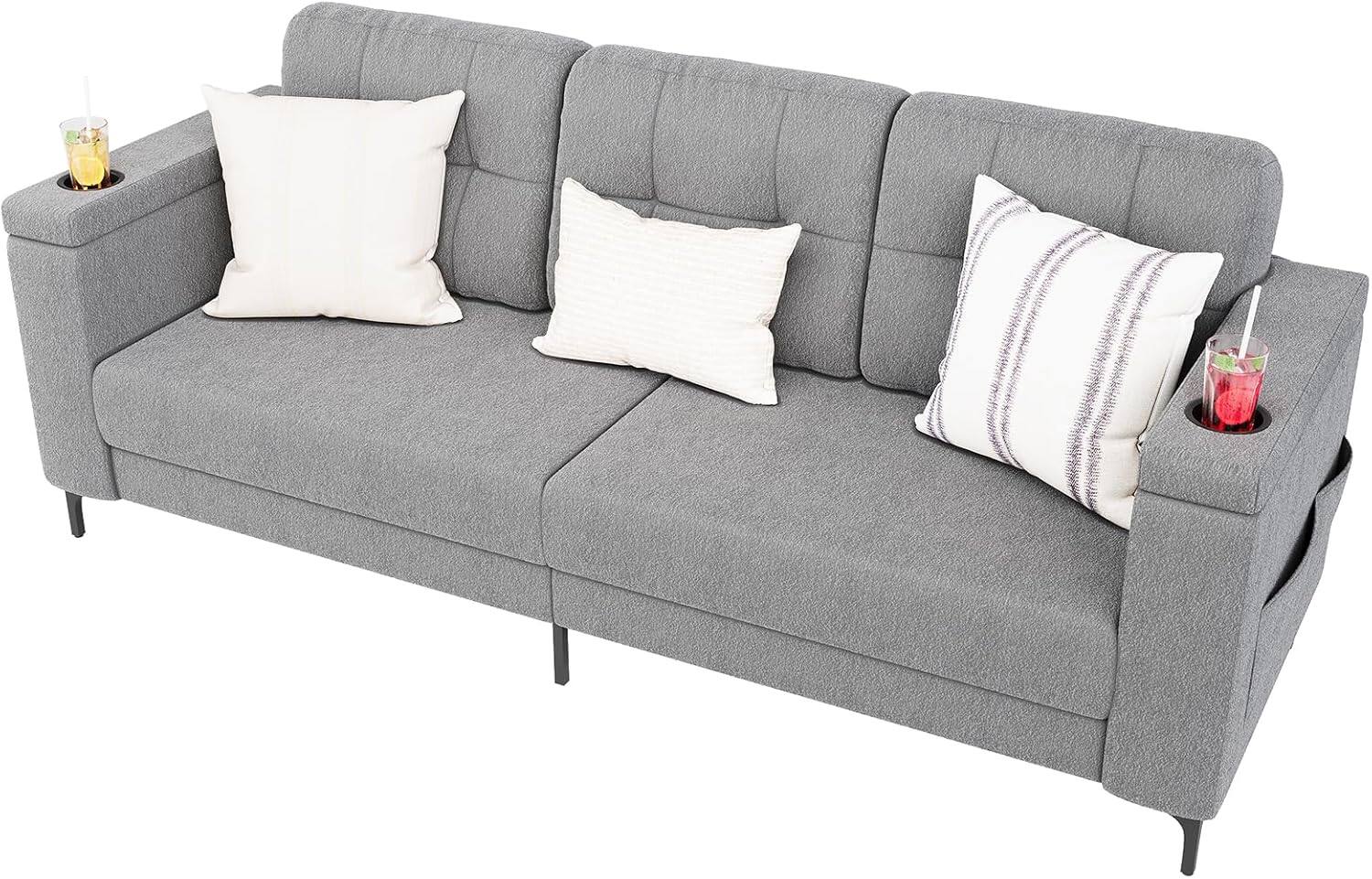 Front. Acekool - 84-Inch Teddy Fleece Sofa with Storage Armrests, Cup Holders & Side Pockets, Comfy Couch for Living Room, Grey - Grey.