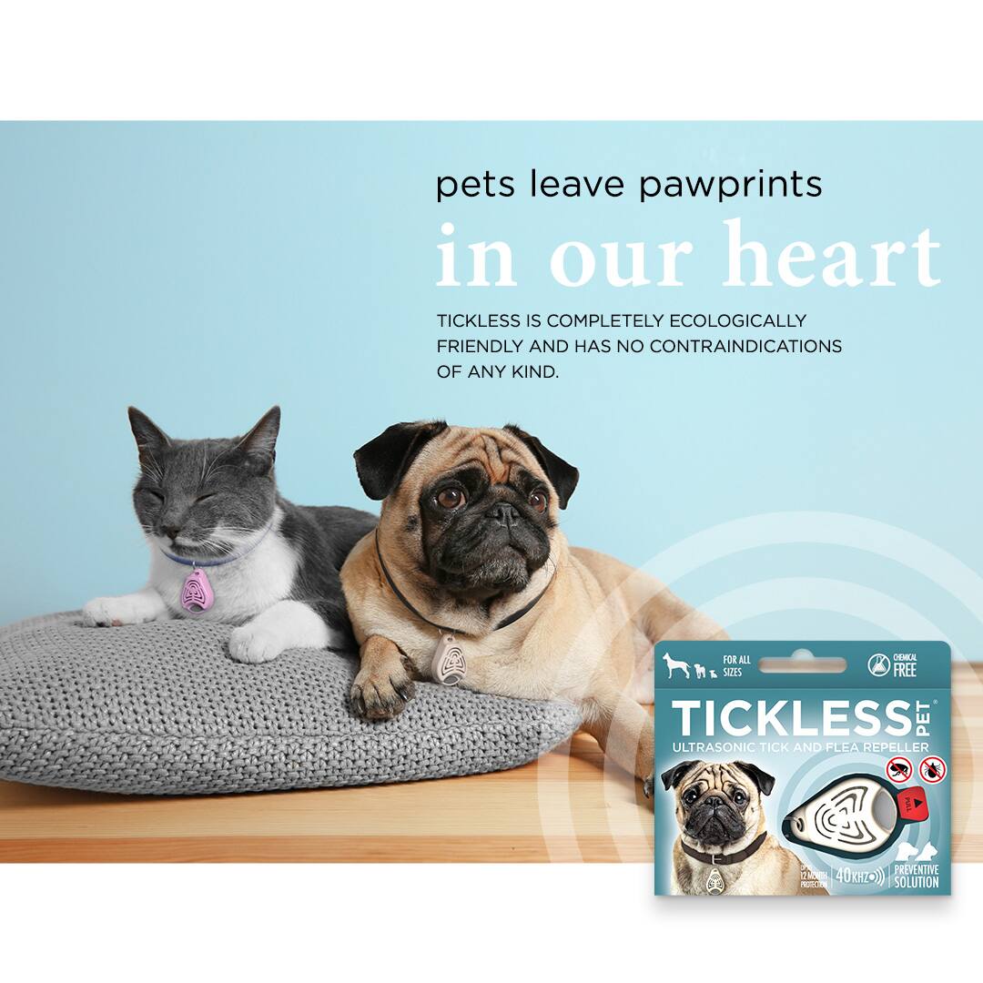 Pets leave pawprints in our heart.  
Tickless is completely ecologically friendly and has no contraindications of any kind.  

Tickless Pet Ultrasonic Tick and Flea Repeller  
Chemical Free  
Preventive Solution  
40kHz