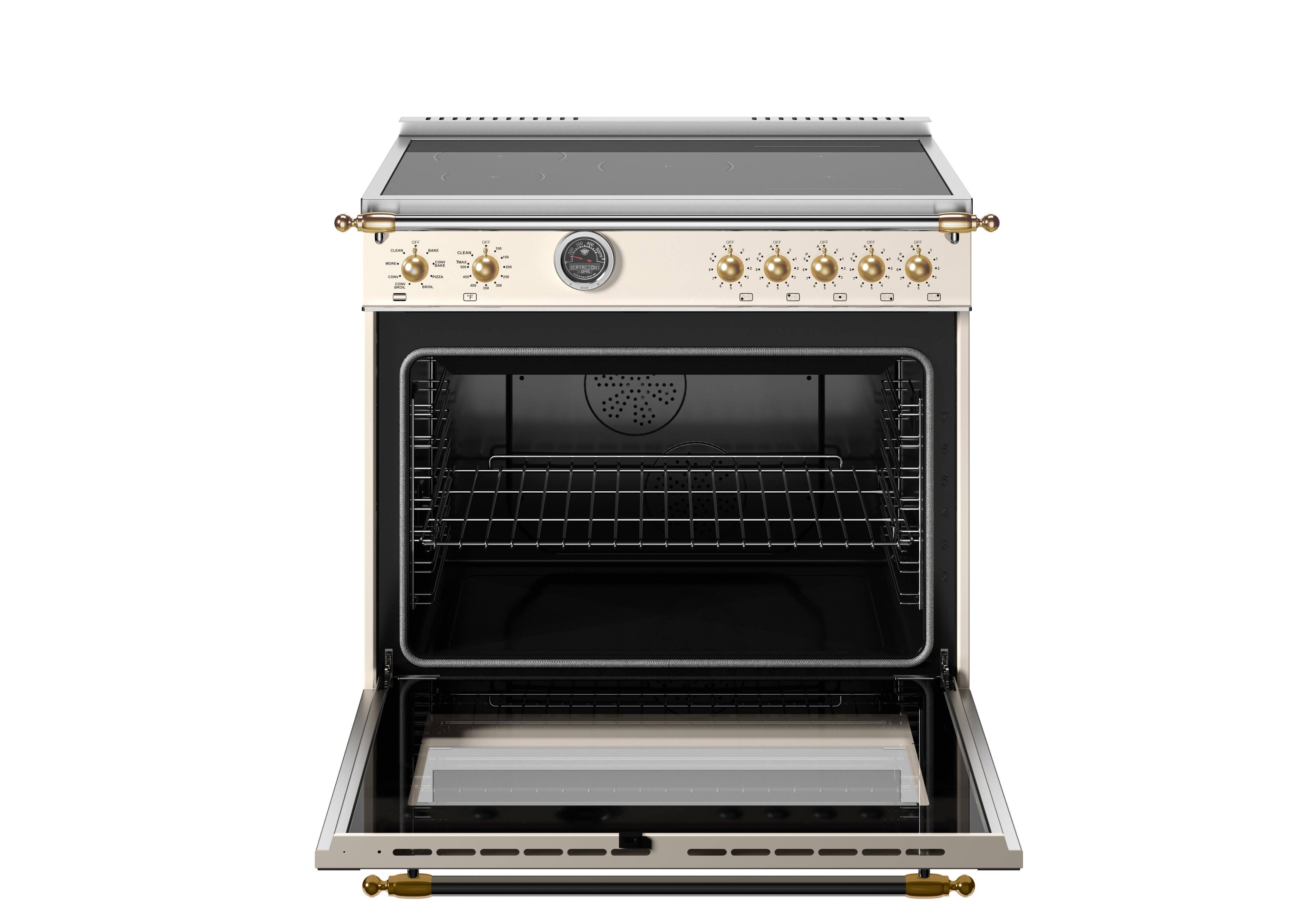 Left. Bertazzoni - 36" Heritage Series Induction Range - Avorio/Gold - Ivory.