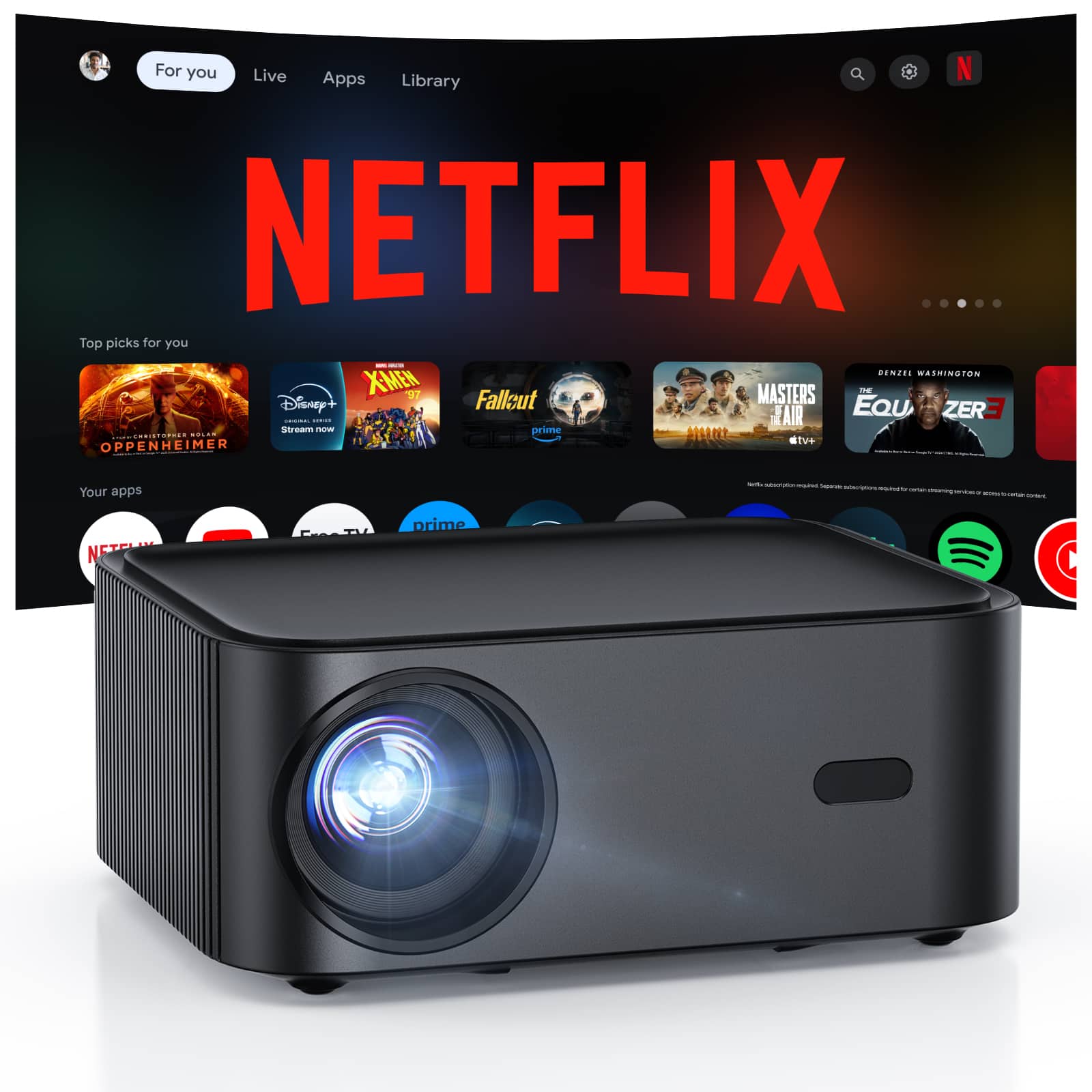 Happrun - Smart Projector 1500ANSI Netflix Officially Licensed Full HD , 4K Projector with Wifi and Bluetooth,Built-in Apps 300''