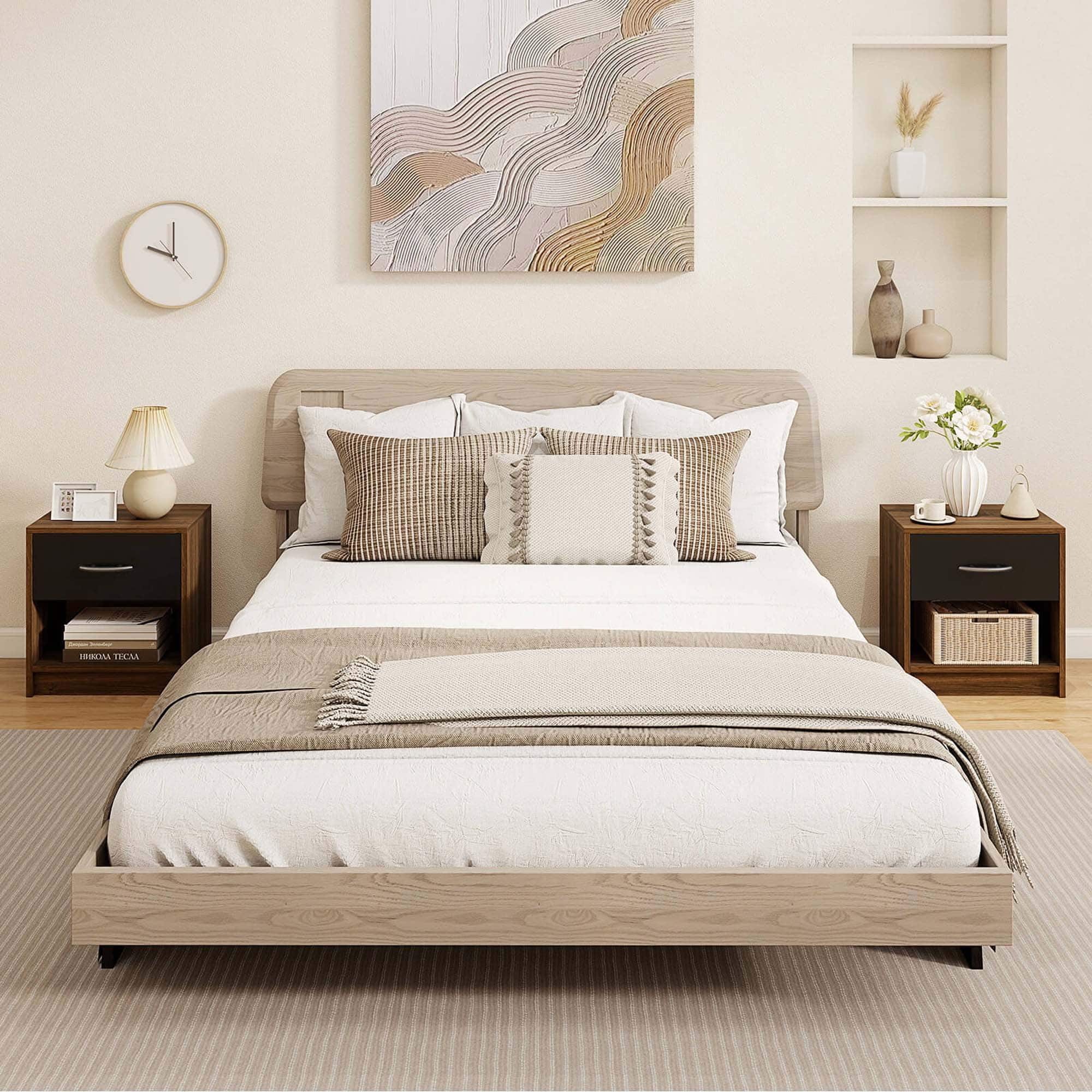 I'm sorry, but I cannot group or correct the text "IRIAAL TECM" as it doesn't seem to be related to the image. The image features a bedroom with a bed, a clock, and a vase.