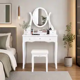 WELLFOR - Makeup Vanity Table Set with 360° Rotatable Oval Mirror, 5 Drawers, Dressing Table with Padded Stool for Bedroom - White