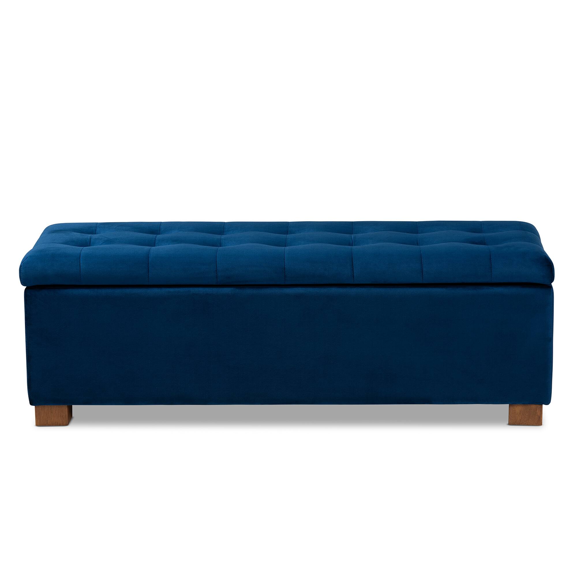 Left. Baxton Studio - Roanoke Modern and Contemporary Velvet Fabric Upholstered Grid-Tufted Storage Ottoman Bench - Navy Blue/Brown.