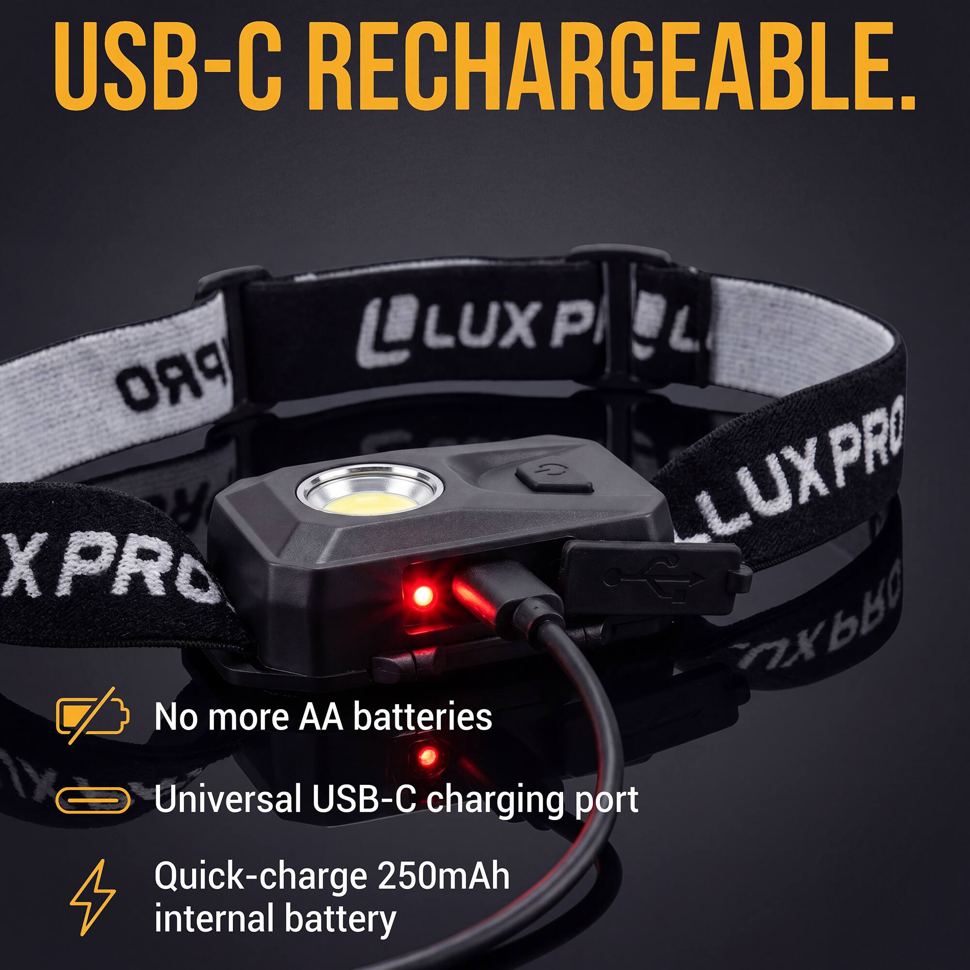 USB-C RECHARGEABLE.  
LUXPRO  
No more AA batteries  
Universal USB-C charging port  
Quick-charge 250mAh internal battery