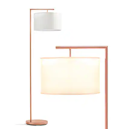 Front. Brightech - Montage Modern LED Midcentury Modern Arc Super Bright Floor Lamp with Ivory White Fabric Drum Shade - Glossy Rose Gold.